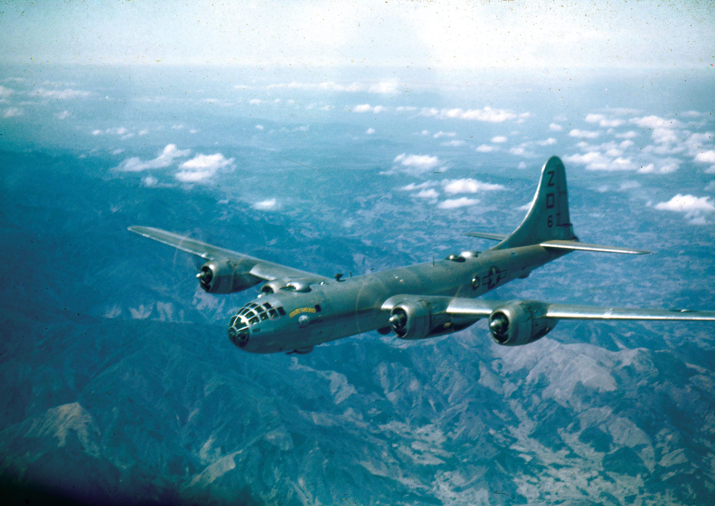 This Boeing B-29 Superfortress nicknamed “Booze Hound” flies over the island of Saipan in the Marianas in 1945. By that time, the Superfortresses had devastated Japanese cities during their sustained bombing campaign, and U.S. Army air power had come of age. In 1947, the Air Corps became the United States Air Force.