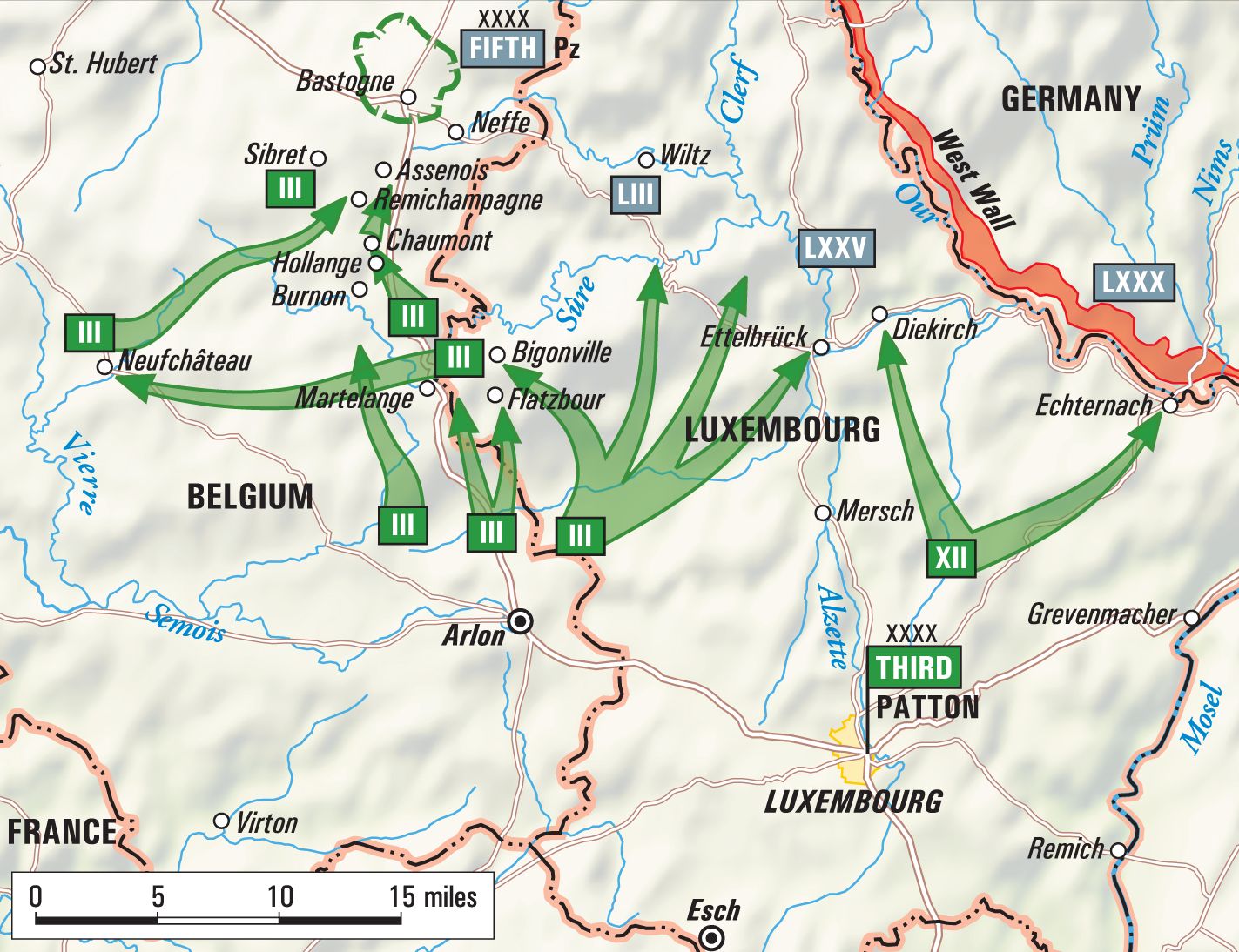 The dispositions of German troops and armor surrounding Bastogne were assaulted by General George Patton’s Third Army thrust to relieve the 101st Airborne Division and elements of the 10th Armored Division inside the besieged town. 