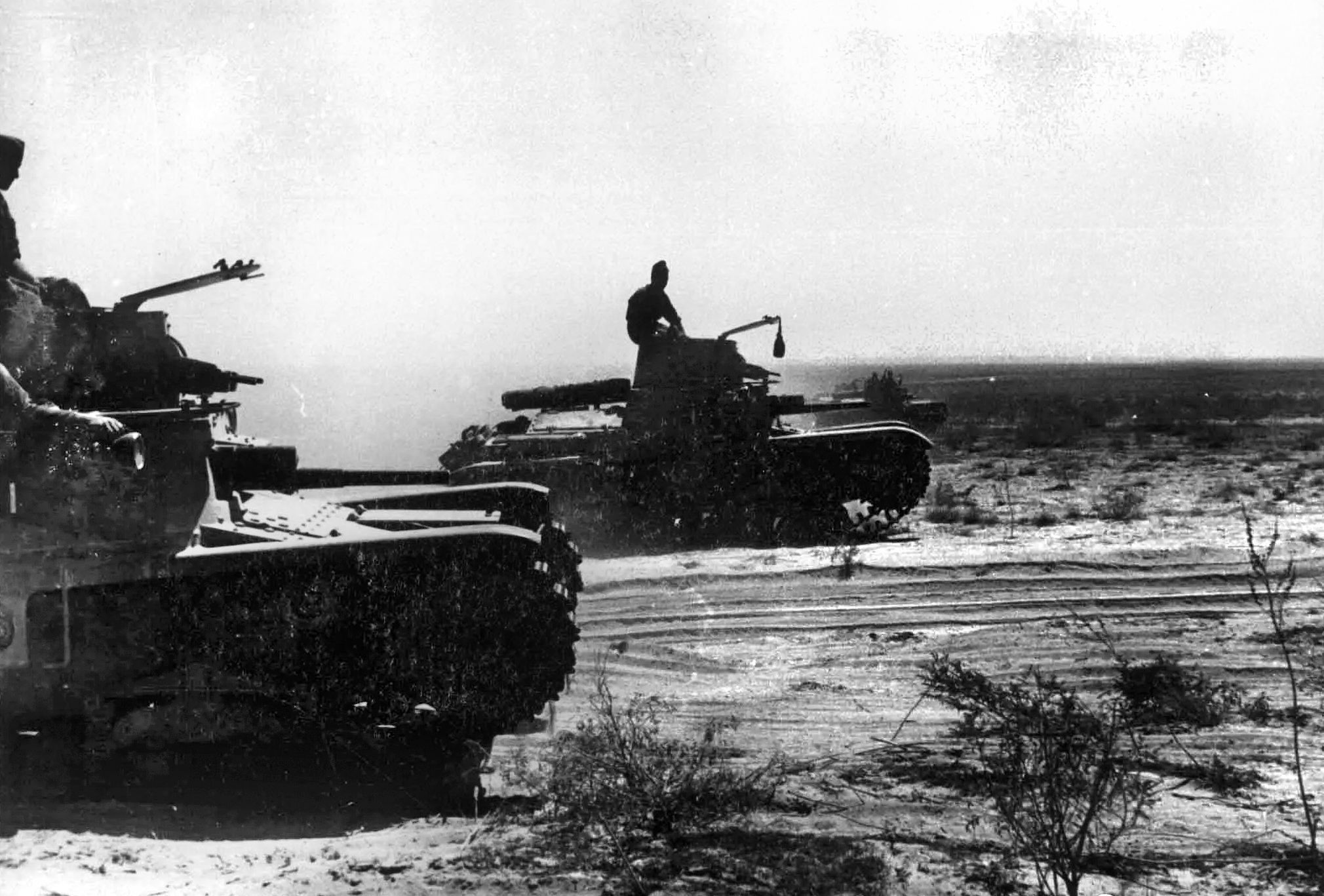 Italian tanks rumble across the desert floor as they approach Sidi Barrani during the desert offensive of 1940 against the British. The offensive, however, was roughly handled by a much smaller British force, and General Wavell authorized Operation Compass, a counteroffensive that led to disaster for the Italians and British victories at Sidi Barrani, Bardia, Tobruk, and Bed Fomm.