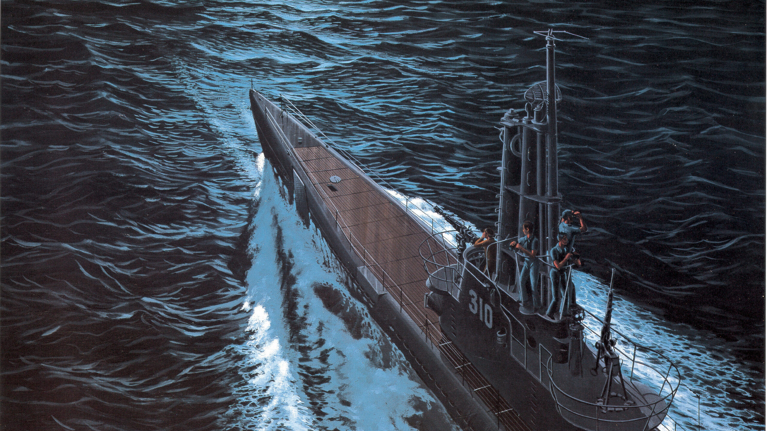 The amazing feat of sinking three Japanese submarines is commemorated in this painting by artist Alfred Johnson titled “Batfish Gets a Hat Trick.”
