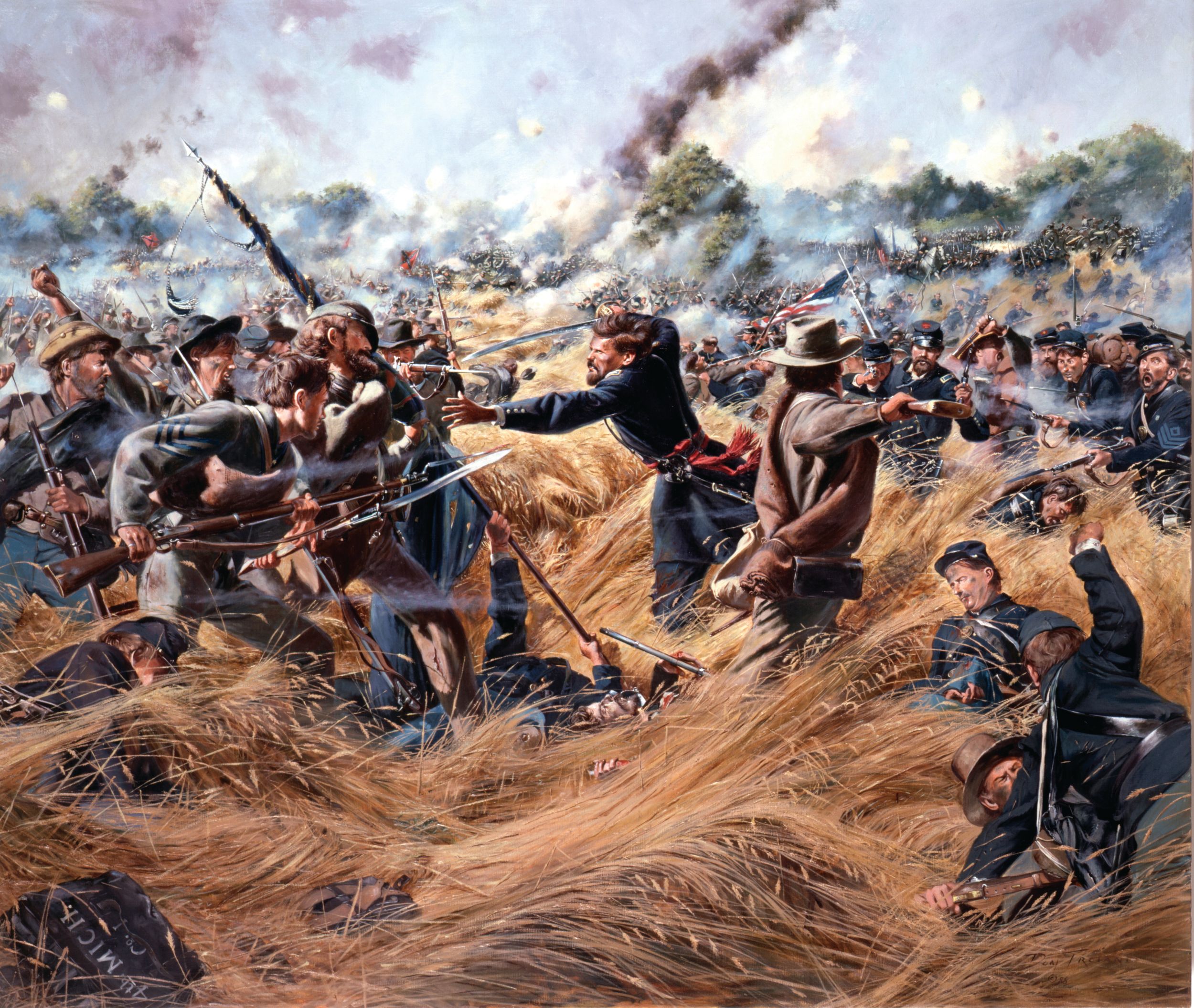 Colonel Harrison Jeffords retakes the regimental colors of the 4th Michigan Infantry during hand-to-hand combat in the Wheatfield at Gettysburg, July 2, 1863. Painting by Don Troiani.