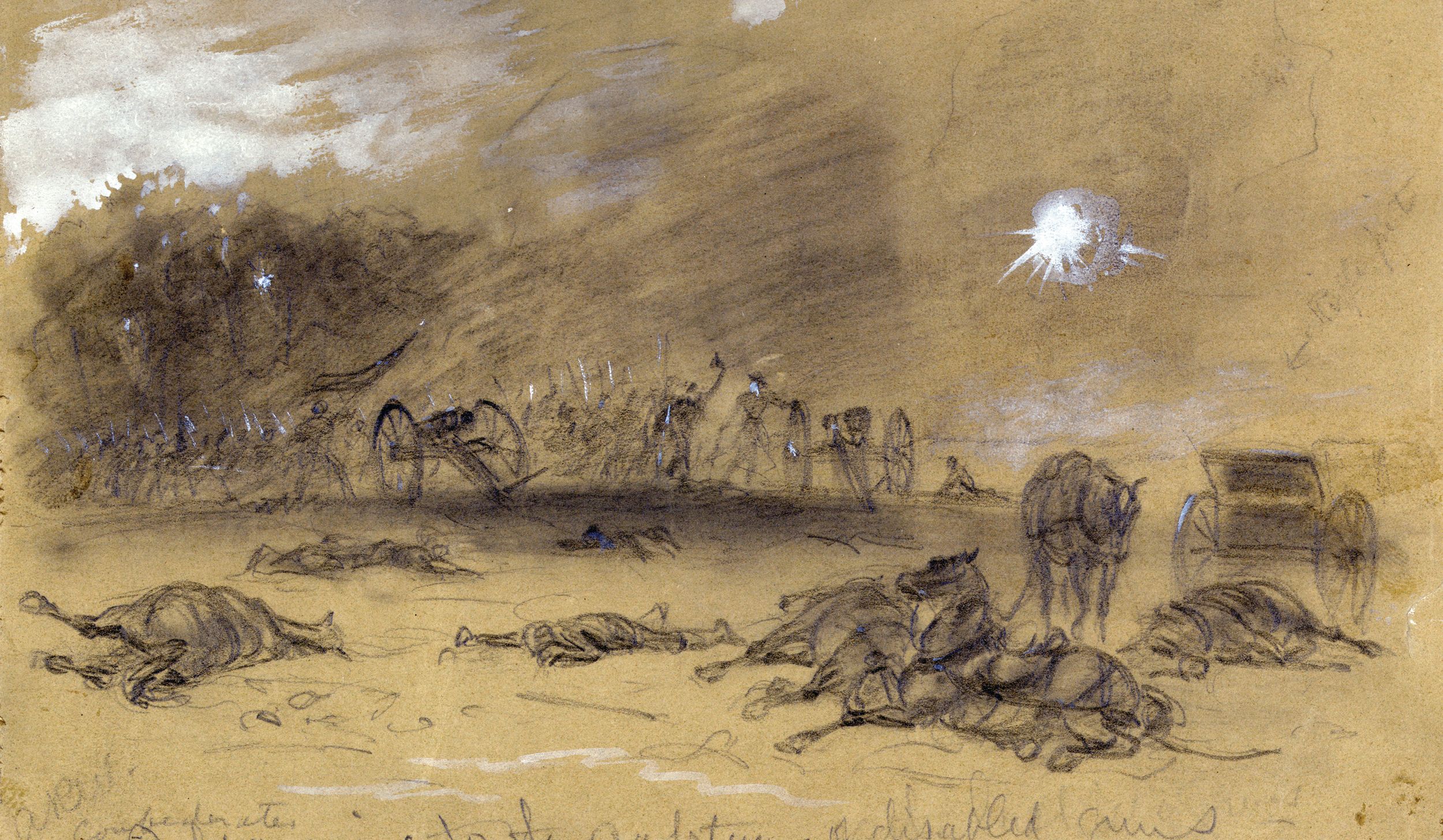 Artist Alfred Waud made this battlefield sketch of Confederate troops overrunning a vacated Union battery during the Battle of Gaines Mill. Now a major, Abbott and the 1st Michigan defended the left flank of the V Corps position until the entire Union line was over run.