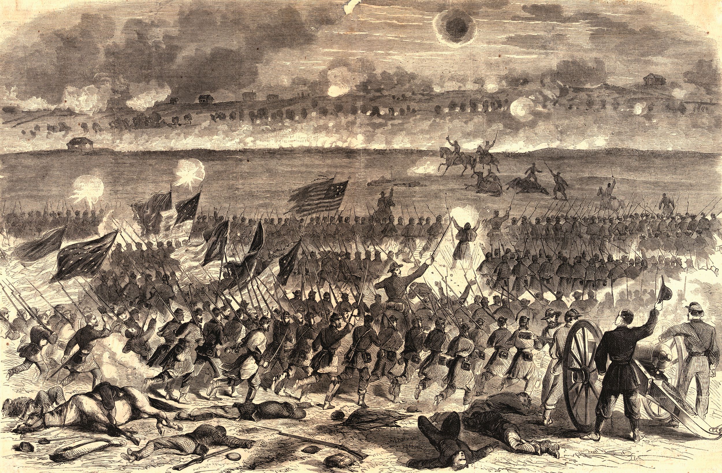 This engraving depicts a massive Union charge at the Battle of Fredericksburg, December 13, 1862. Abbott recalled the carnage, “Oh, the horrors of war... Thousands of wounded, dying 
or dead. I can never forget that night...” 