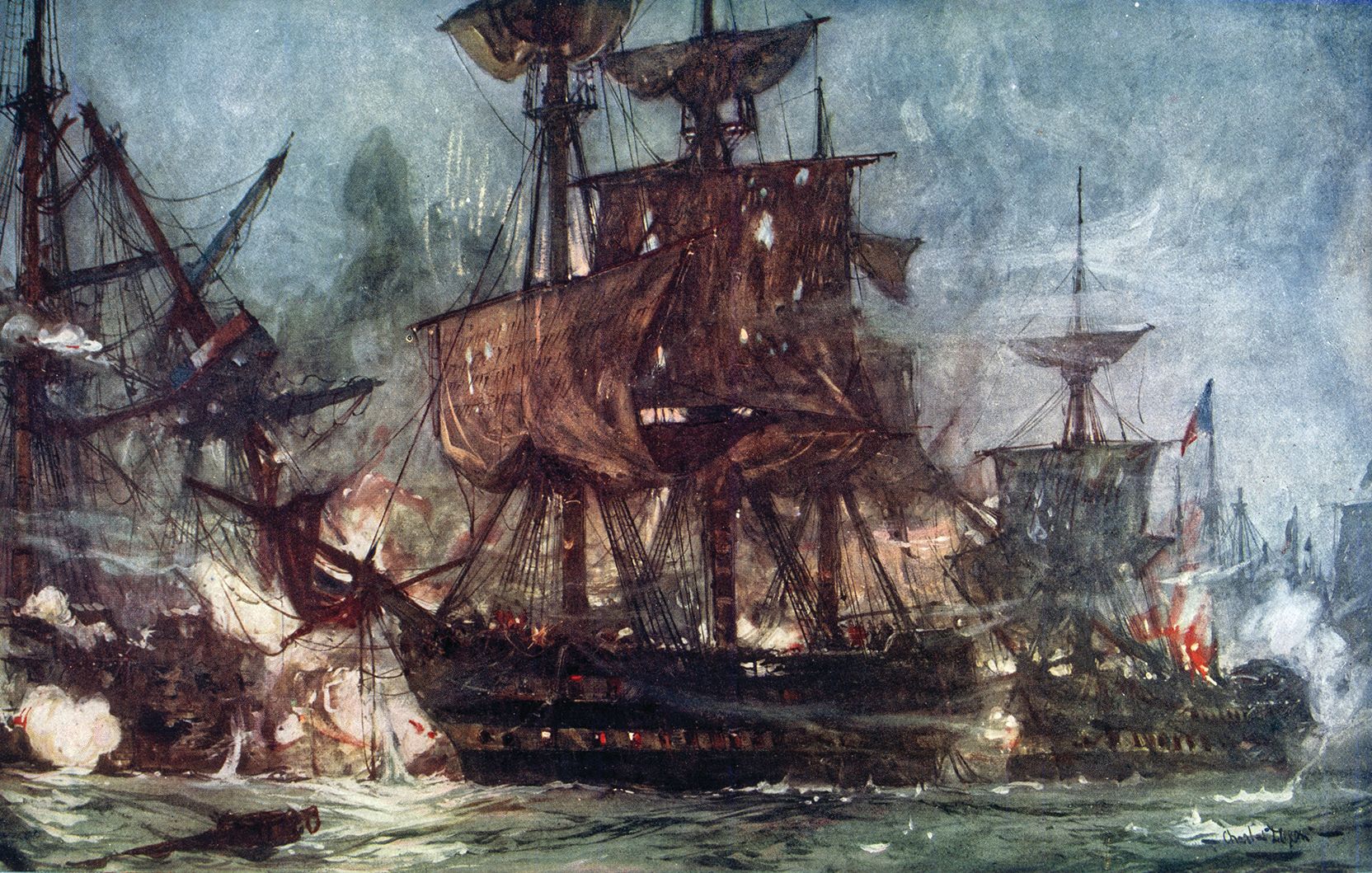 This painting by Charles Edward Dixon shows the HMS Majestic, which became entangled in the canvas and rigging of several French ships and suffered 150 casualities, but continued to pour cannon fire into the enemy.