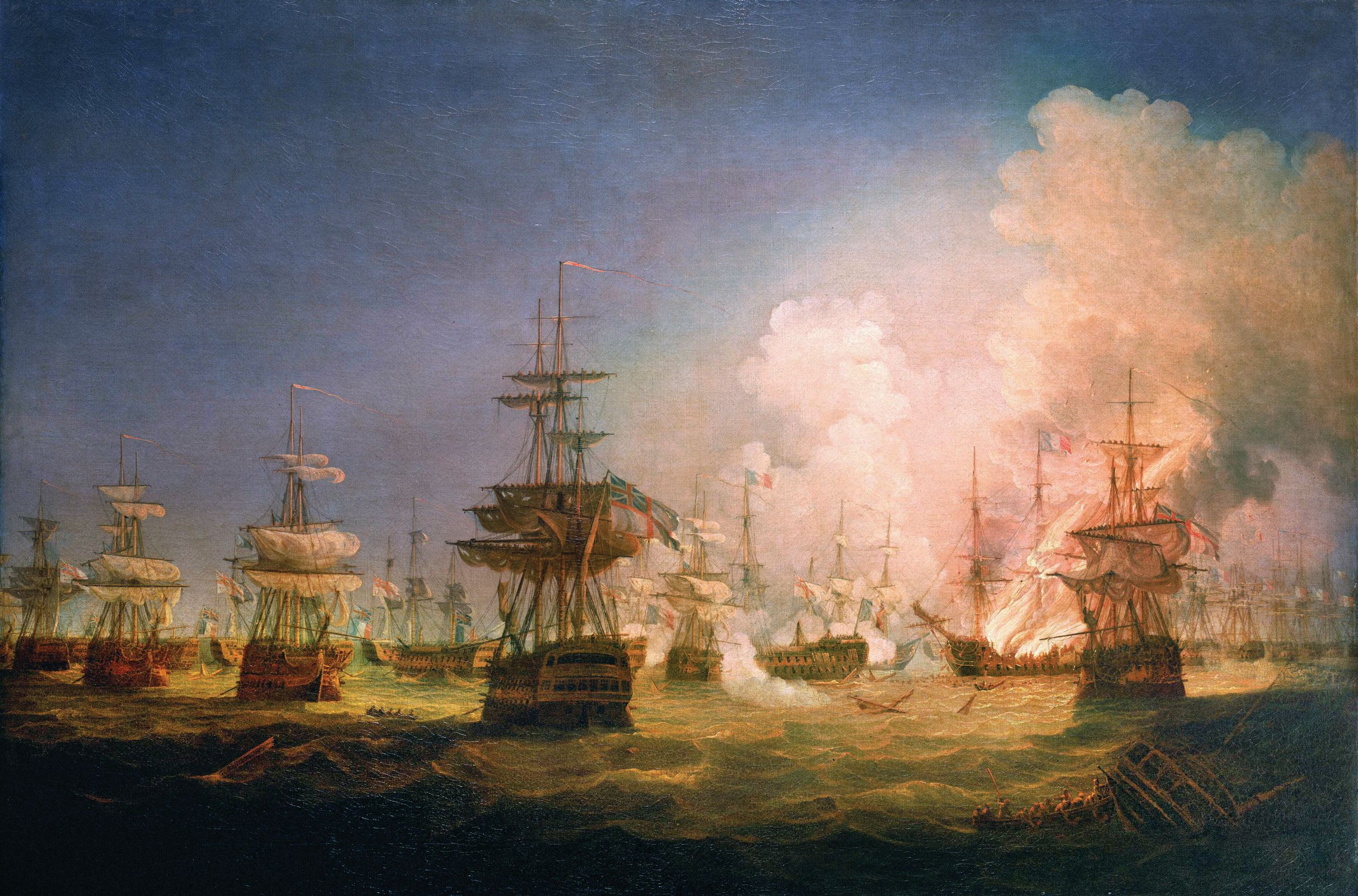 The French flagship Orient is shown engulfed in flames in this painting by Thomas Whitcombe. The ships nearby have closed their gun ports in anticipation of the ship’s magazine igniting a large explosion.  Around 10 p.m., it came, blowing the Orient's hull out of the water and killing as many as 800 sailors. 