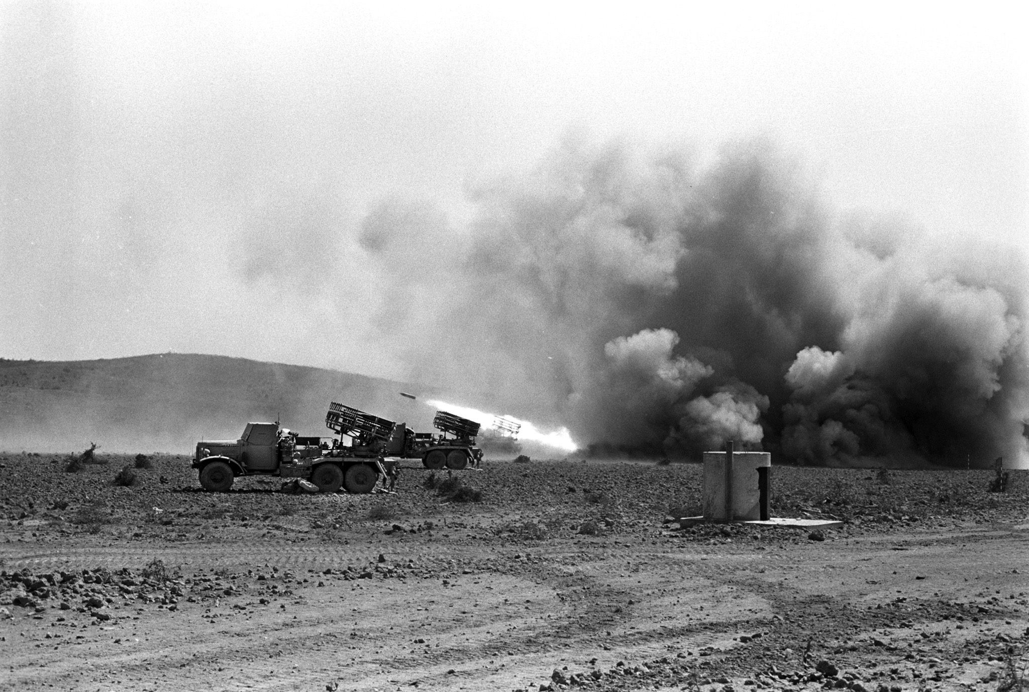 The Israel Defense Forces fire Soviet Katusha rocket launchers (BM-24 MRLs) from World War II. Captured during the Six-Day War (1967),  they were used by two battalions during the Yom Kippur War, as well as the 1982 Lebanon War.