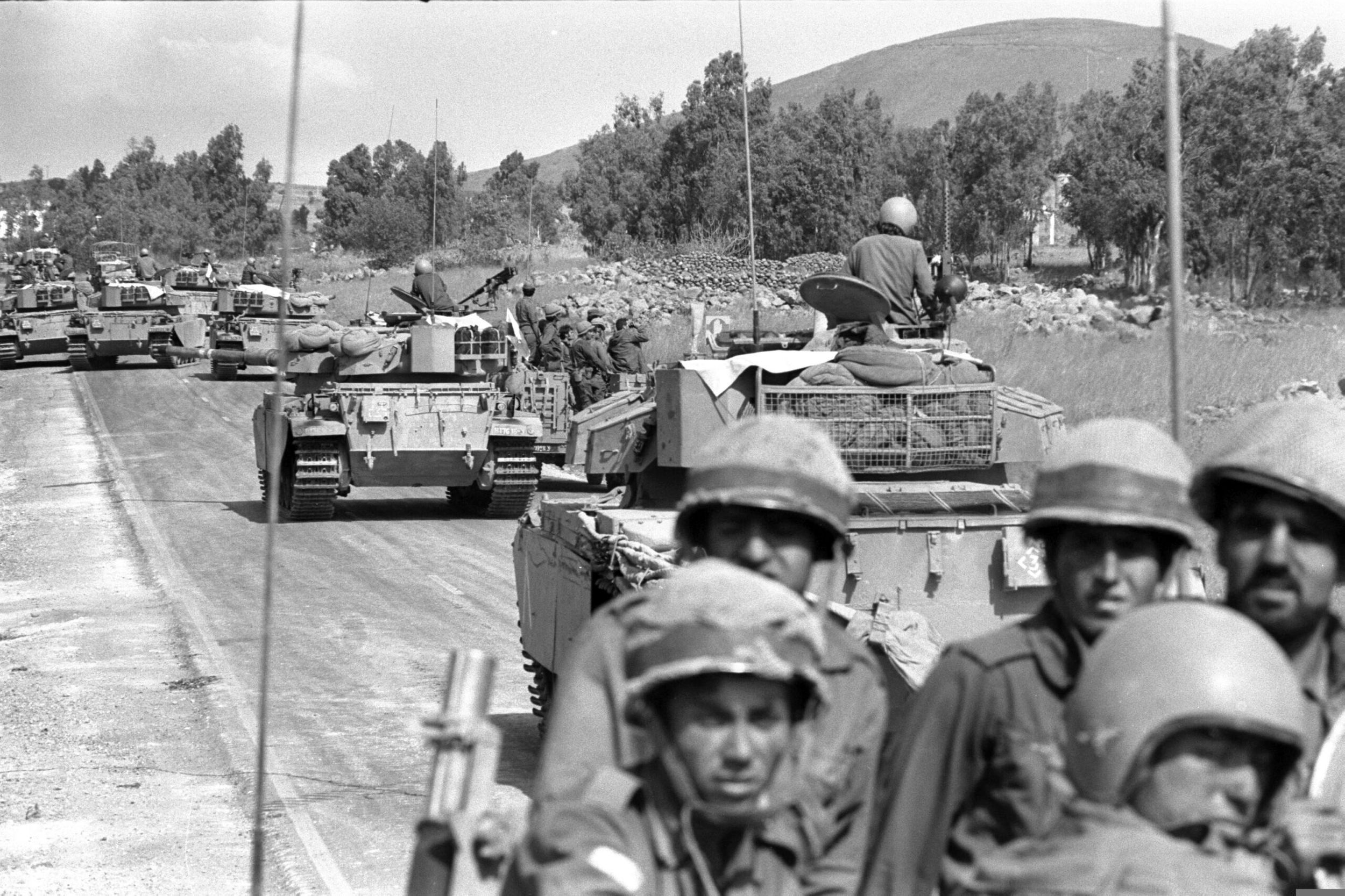 Troops rushing up to the northern frontier after the outbreak of the Yom Kippur War, October 7, 1973. Israeli strategy called for a token force on the Golan Heights to be able to hold off any attack for a day to allow reserves to be brought in. They did just manage to do so against an unexpectedly large Syrian assault.