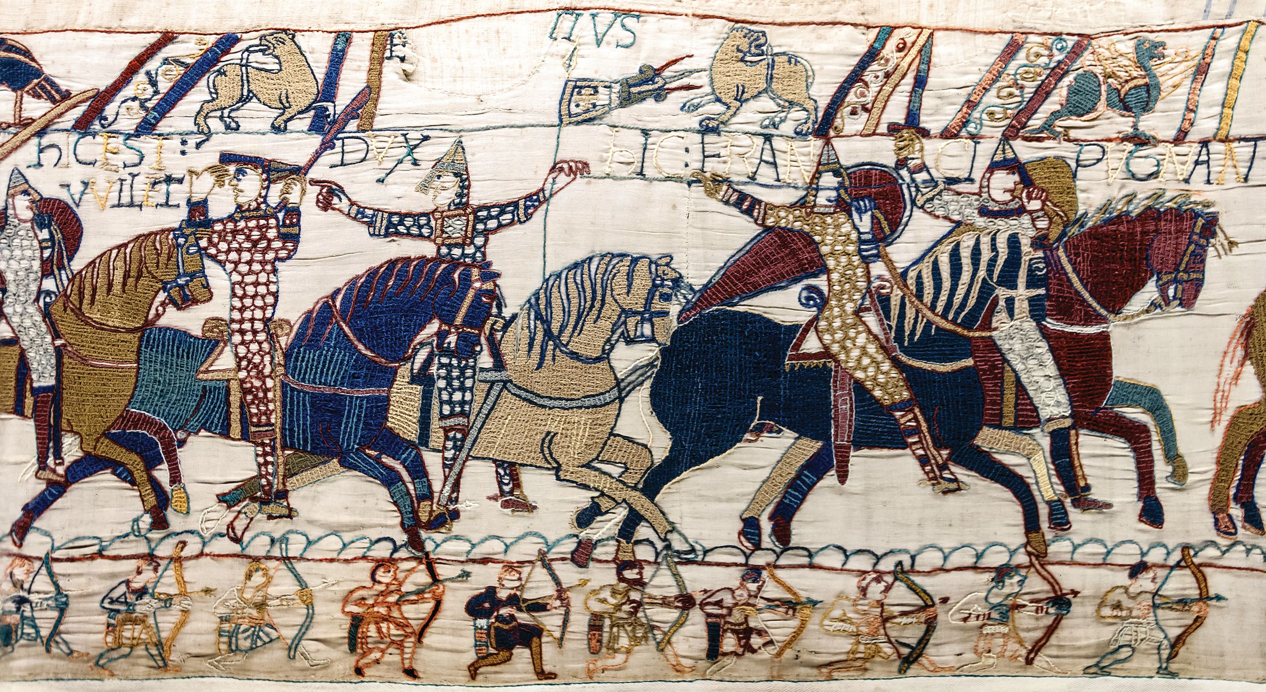 A closeup of the 224-foot-long Bayeaux Tapestry, an 11th century textile work depicting the conquest of England by William, Duke of Normandy in 1066.