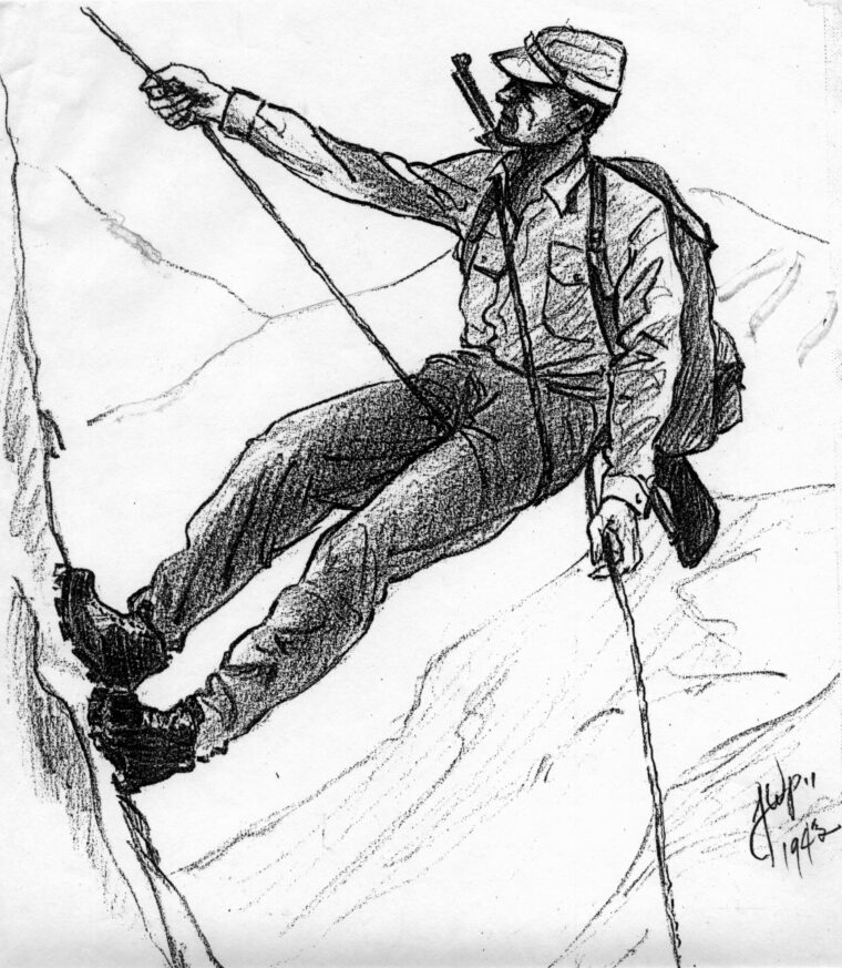 A 10th Mountain trooper rappels down the side of a cliff during training at Camp Hale, Colorado, in 1943.