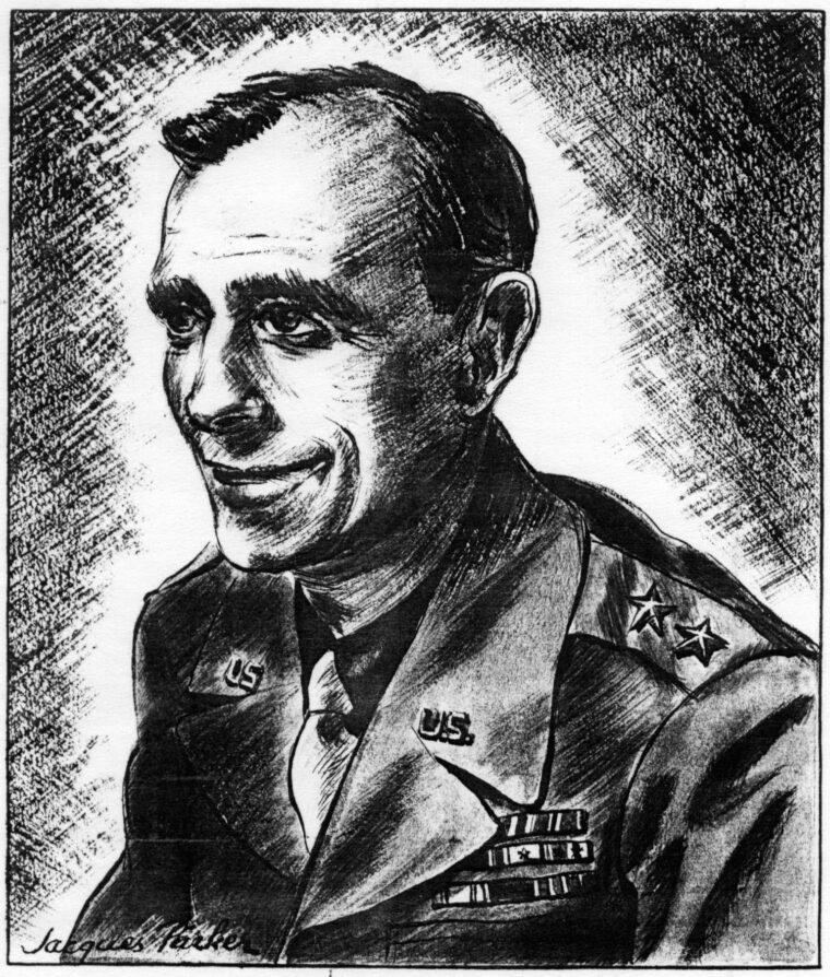 Major General George P. Hays, commander of the 10th Mountain Division, sat for this sketch by trooper Jacques Parker.