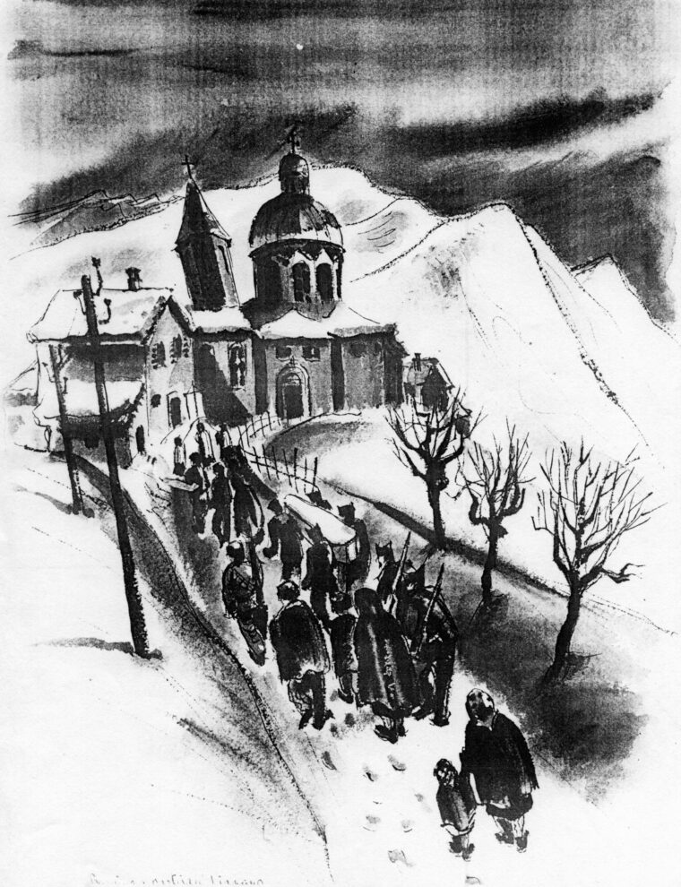 Mourners carry the body of a partisan killed by the Germans toward a small church in the village of Lizzano-in-Belvedere, Italy. By the time Parker painted this scene in February 1945, World War II was nearing its end.