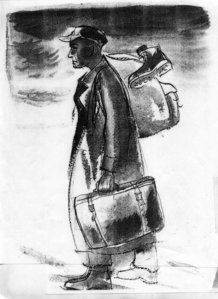 His belongings bundled, slung over his shoulder, and stuffed into a small bag, a German prisoner of war walks off to captivity and an uncertain future.