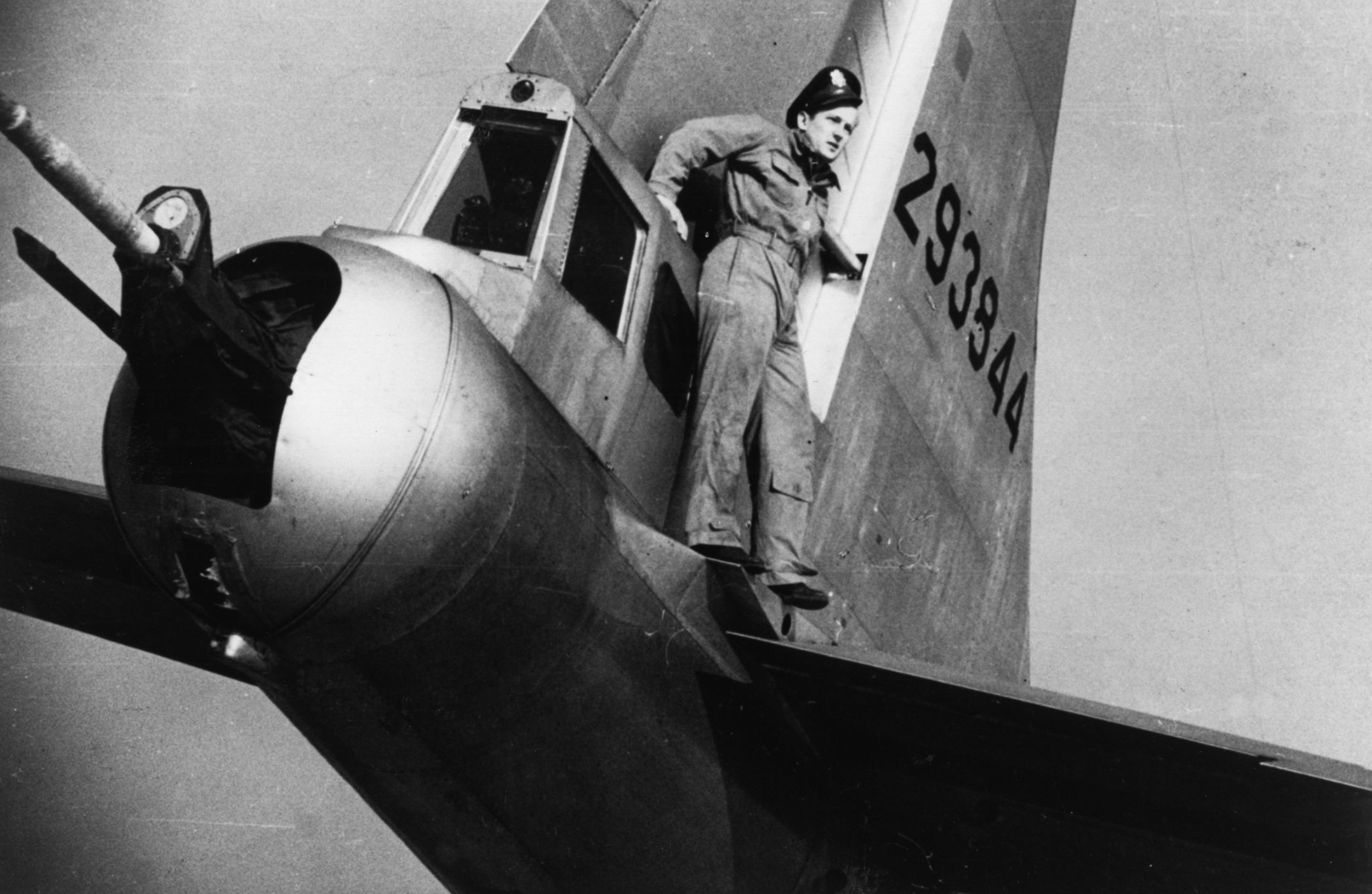 First Lieutenant George Wale stands on a B-29’s horizontal stabilizer near the tail gunner’s position. The centerline-mounted 20mm cannon and dual .50-caliber machine guns made the B-29 a formidable opponent for enemy fighters attacking from the rear. 