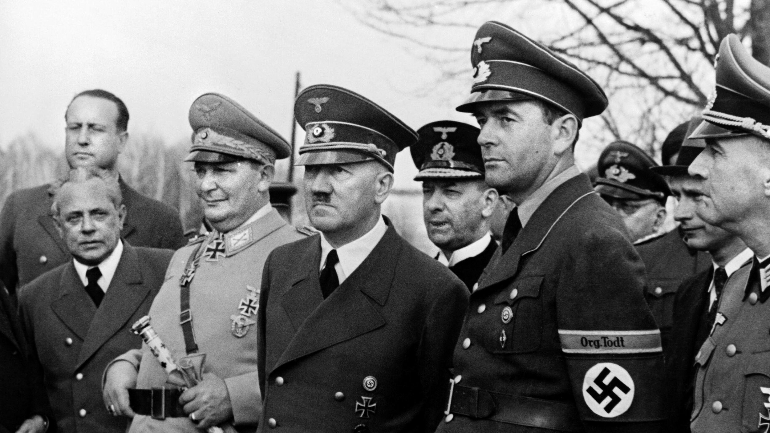 Adolf Hitler flanked by two of his top lieutenants, Reich Minister of Armaments Albert Speer to his left, and Reichsmarschall Hermann Göring, chief of the Luftwaffe on his right. Göring was sometimes vexed by the activities of his “good” brother, Albert.