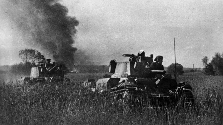 Tanks of the German Army’s 17th Panzer Regiment, 19th Panzer Division advance through Belarus on June 25, 1941, three days after the launch of Operation Barbarossa. These tanks are Panzer 38(t) models, made in Czechoslovakia and pressed into Nazi service with Hitler’s occupation of the country.
