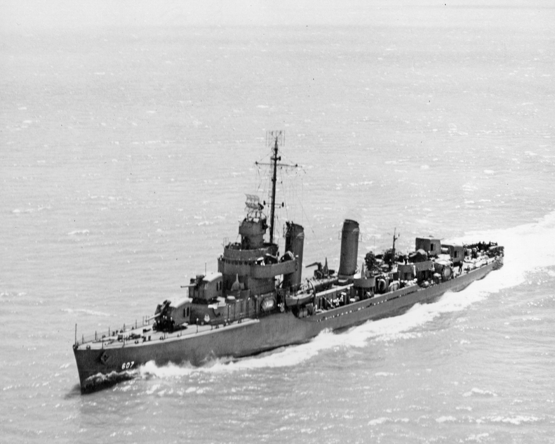 The destroyer USS Frazier is shown coursing through San Francisco Bay in August 1942. Frazier joined in the pursuit and sinking of the Japanese submarine I-35 off Tarawa in November 1943.