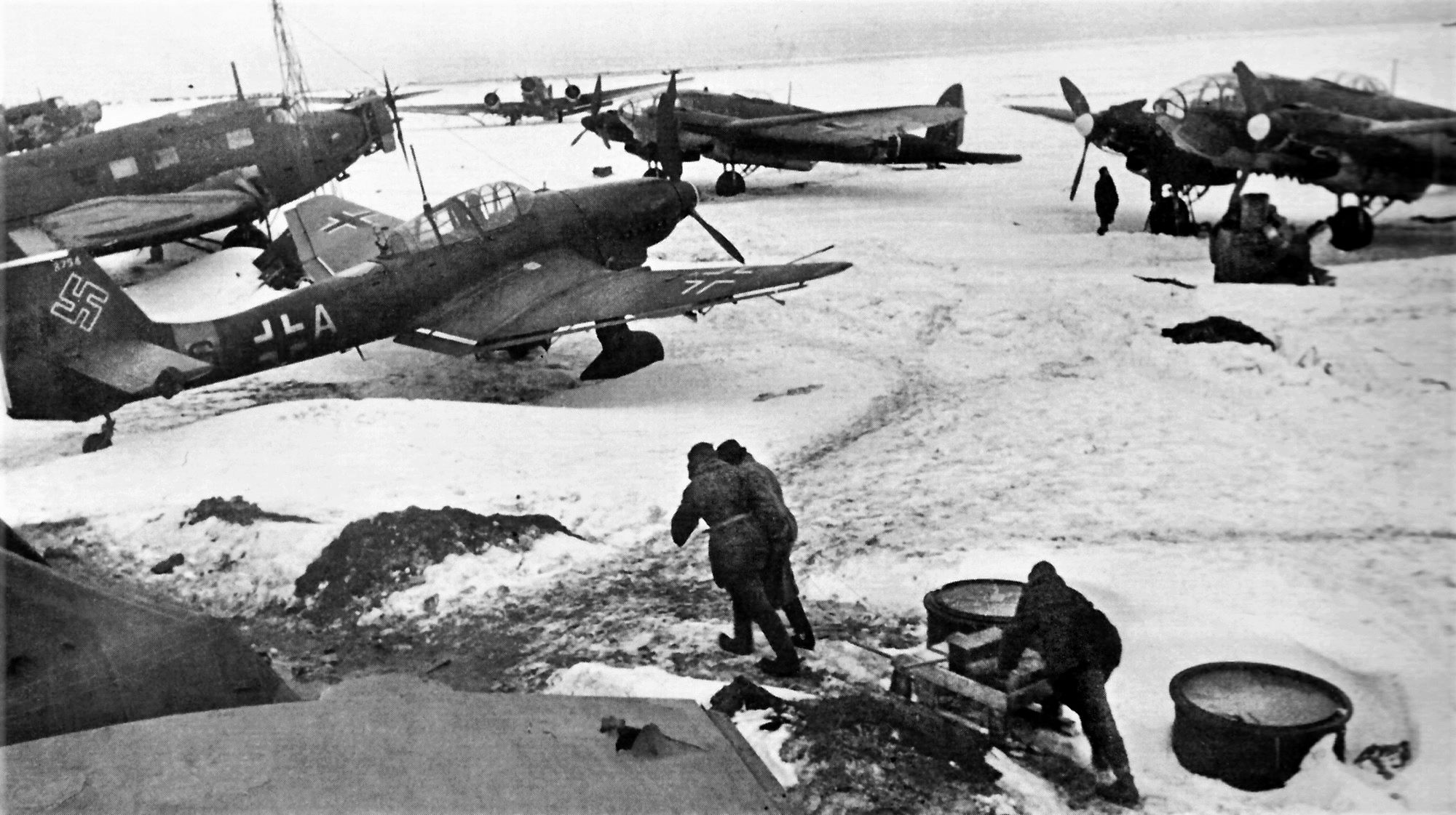 German aircraft, including a Ju-87 Stuka, He-111 bomber and Ju-52 transports, sit on an airfield that has been overrun by the Soviets near Stalingrad. Luftwaffe chief Reichsmarschall Hermann Goering promised to supply besieged Stalingrad by air but failed in the effort. 