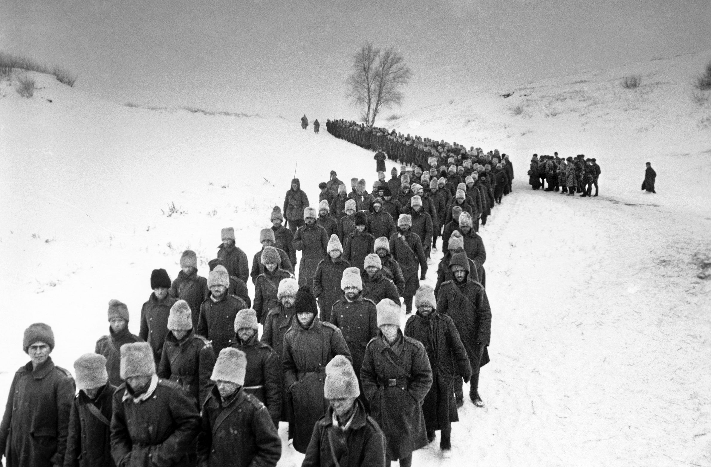 A long line of Romanian prisoners stretches across the windy countryside. These soldiers are on their way to a Soviet prison camp, from which many of them will probably never return.