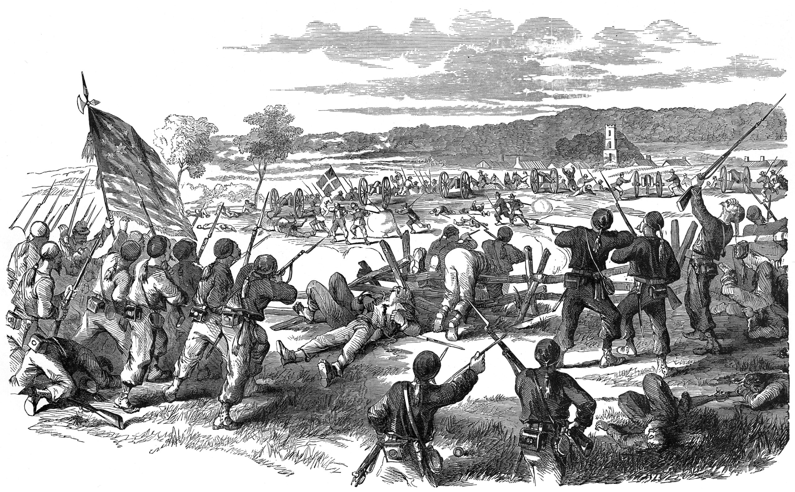 The 9th New York Zouaves, in their distinctive baggy uniforms, repulse a Confederate charge from behind a rail fence outside of Sharpsburg.