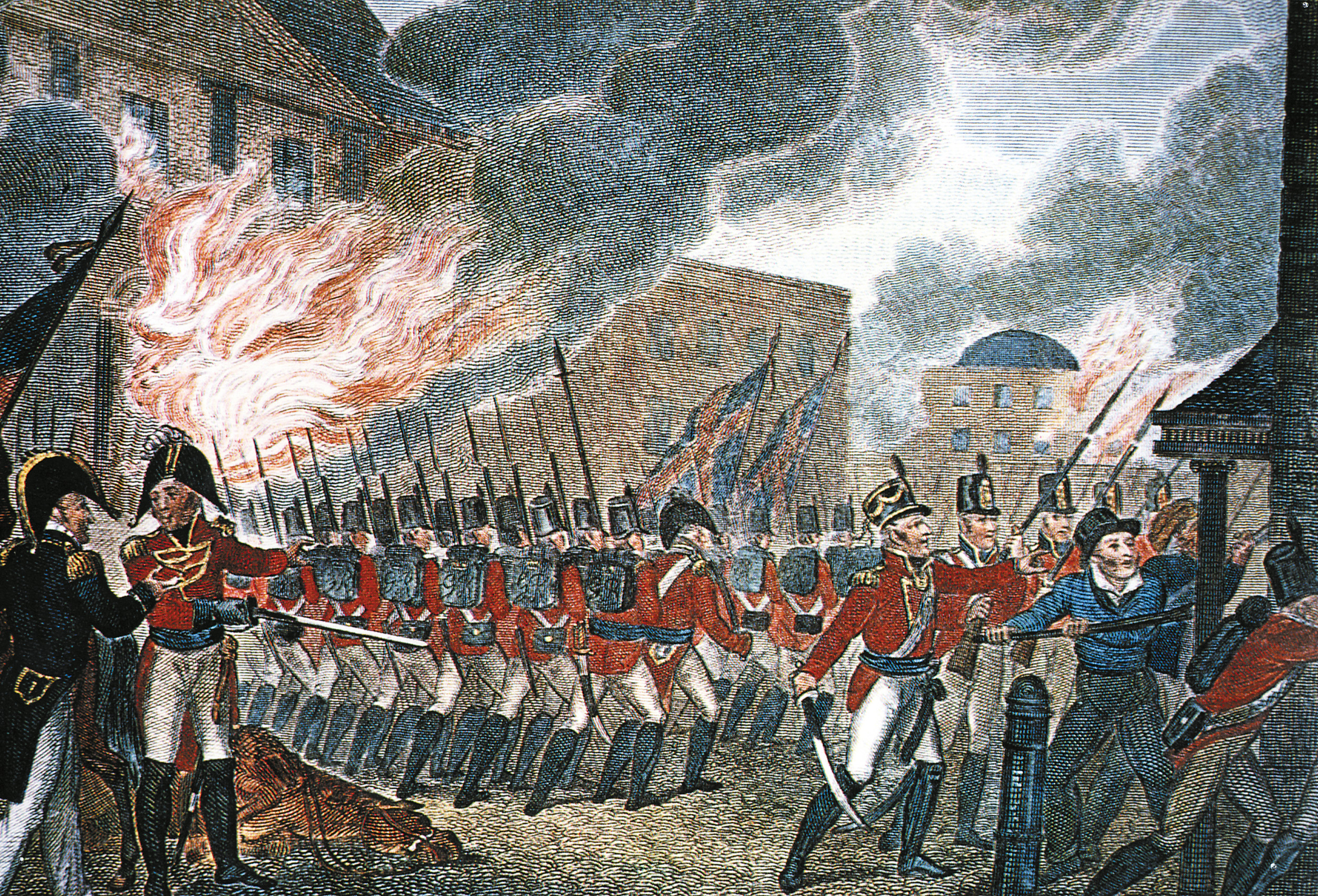 `With nothing to stop them, British Redcoats commence with the burning of Washington after General Robert Ross (lower left with sword) had his horse shot out from beneath him by a sniper.