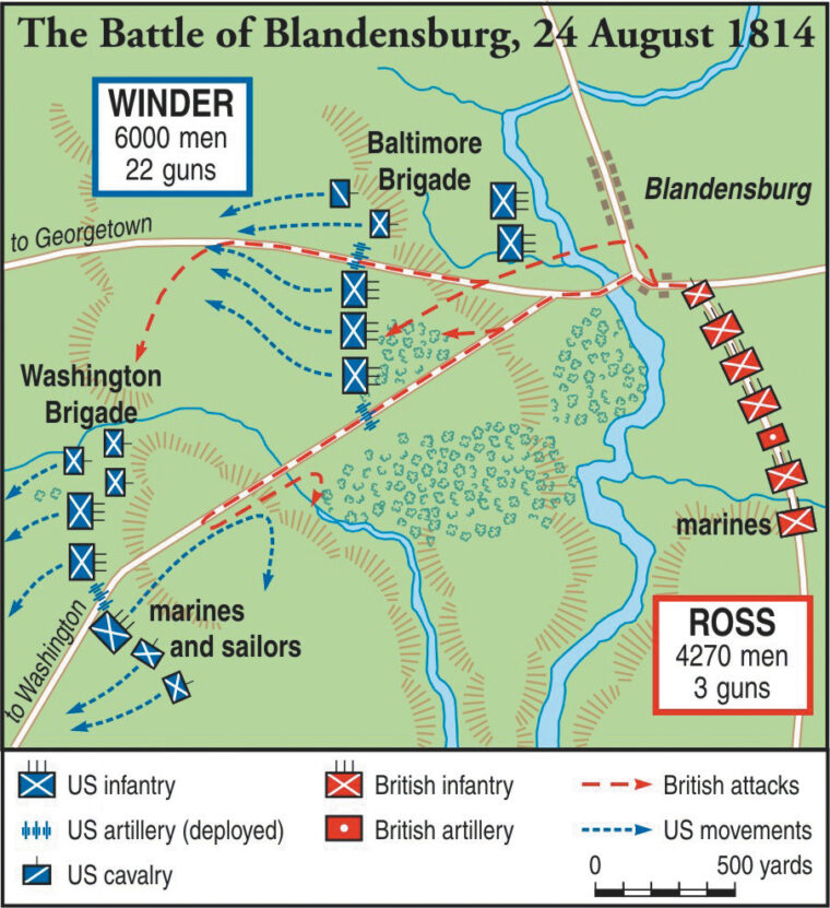British troops easily crossed the Anacostia and routed American defenders west of Bladensburg, opening the way to Washington.