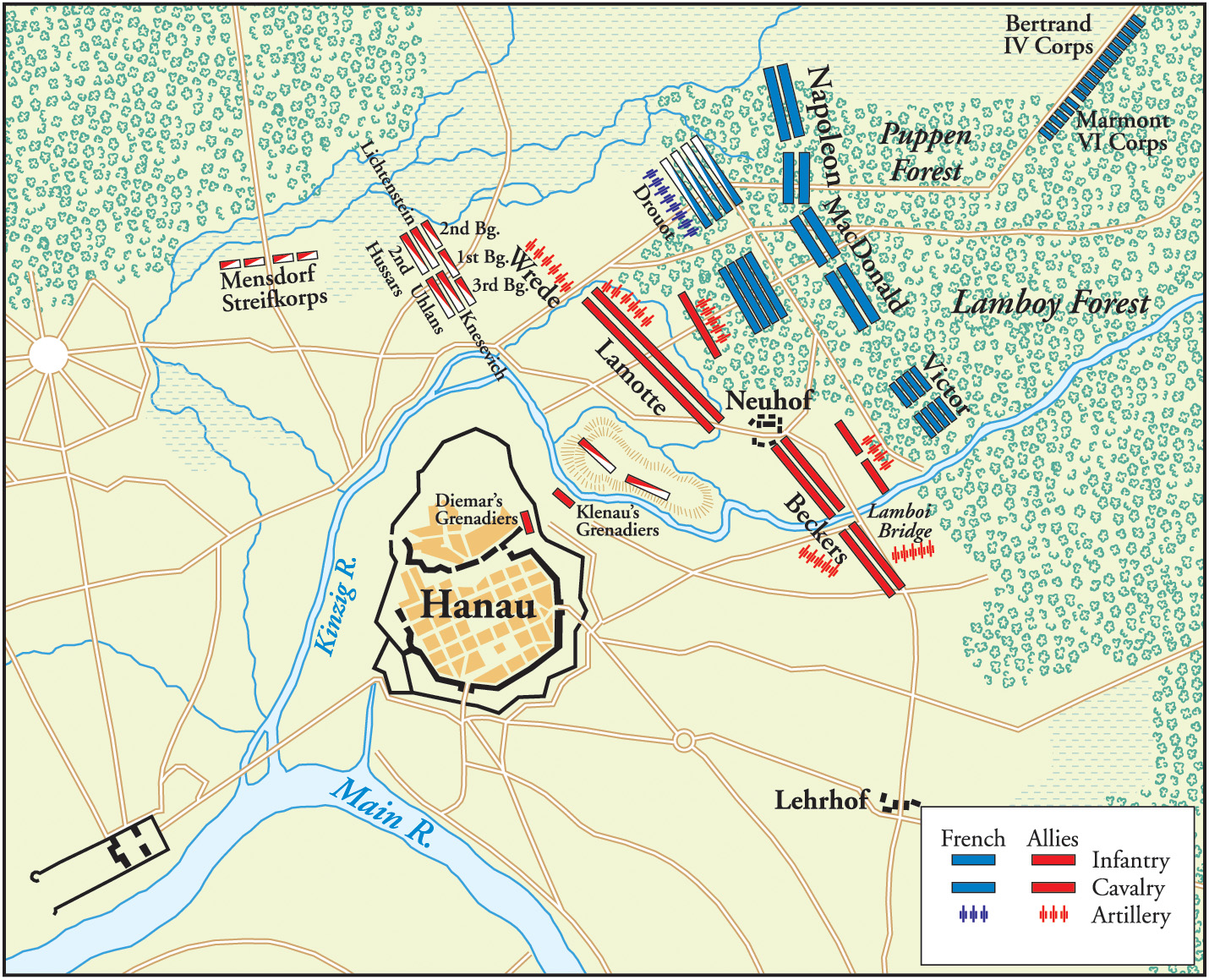 With Wrede’s forces foolishly positioned with their backs to the Kinzig River and stretched out on either side of the Lamboy Bridge, Napoleon opted to punch his way through the enemy roadblock to Frankfurt.