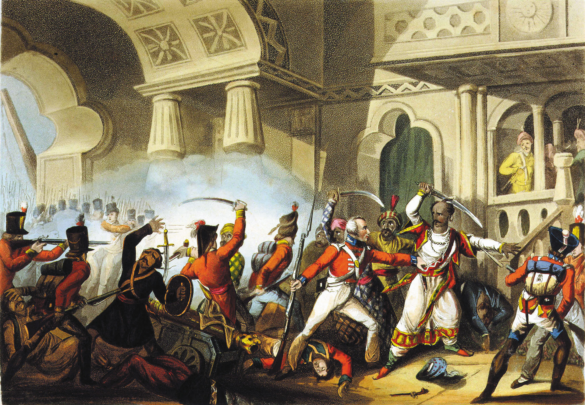 Storming the Seringapatam, a British soldier attacks Sultan Sahib. Despite having already been injured, Sahib would seriously wound his attacker before being fatally shot. 