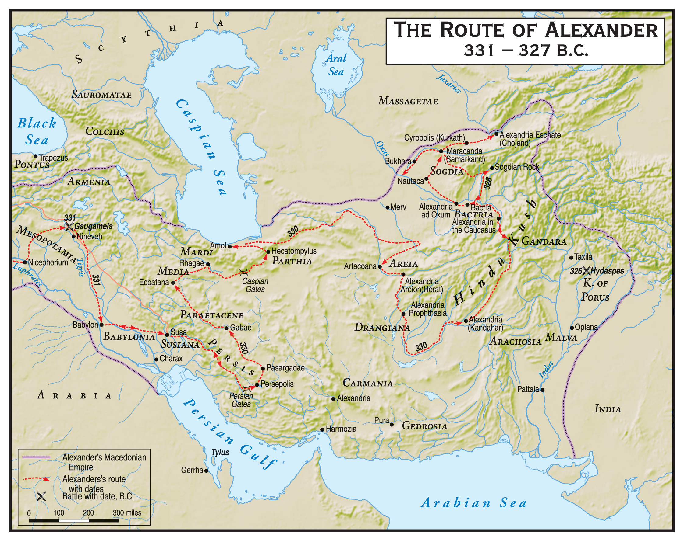 The route of Alexander and his army and the extent of his empire. Before reaching India, Alexander spent years in the region of modern Afghanistan. The work there wearied both men and ruler.
