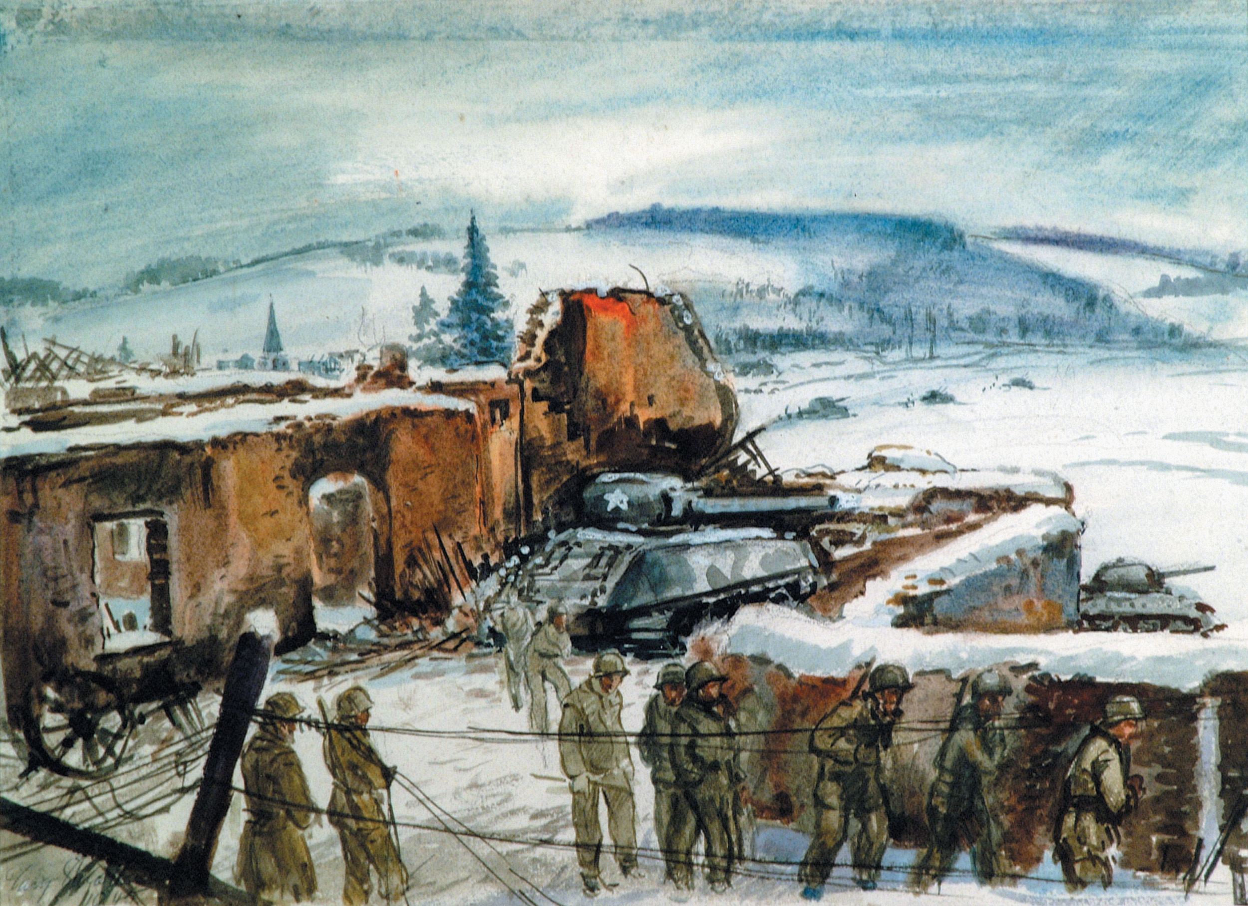 In this watercolor by an U.S. Army artist, battle weary U.S. infantry and armor units find cover in the remains of a Belgian village.