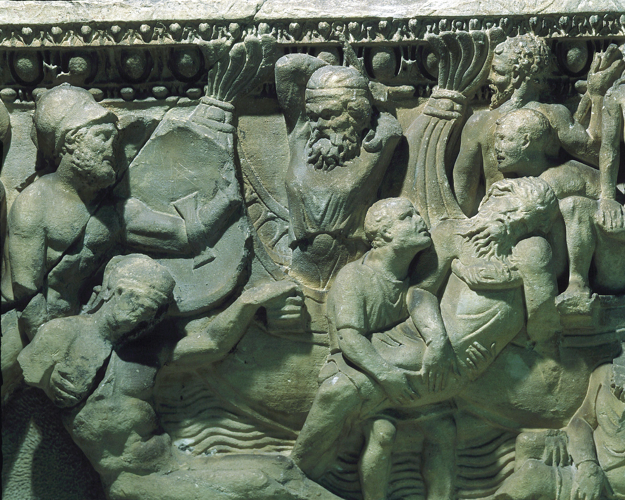 Soldiers and sailors clash in a naval battle depicted on a 2nd century bc sarcophagus. As Rome looked beyond the Italian peninsula, it could see that control of the sea was vital. 