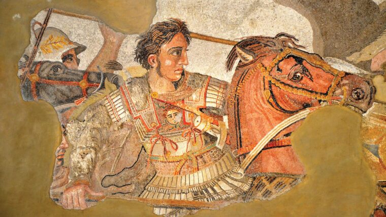The “Alexander mosaic” on display at the National Archaeological Museum in Naples, Italy. From Pompeii, c.100 BCE, the floor mosaic is believed to be a copy of a lost Hellenistic Greek painting by Philoxenos of Eretria from the 4th century BCE , depicting Alexander the Great and Darius III of Persia at the Battle of Issus (333 BCE).