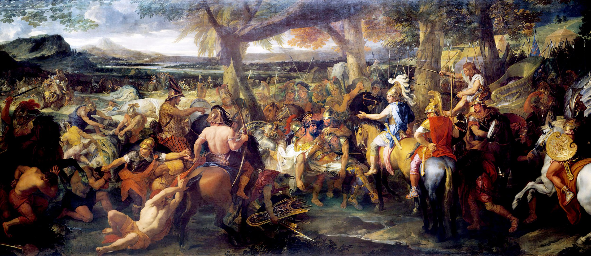 In May of 326 BCE, Alexander defeated Porus in the Battle of the Hydaspes, folding a large part of Punjab (much of which is now modern Pakistan) into his Macedonian empire. The battle is depicted in this 1673 painting “Alexander and Porus,”  by Charles Le Brun, the most influential French artist during the reign of Louis XIV. 