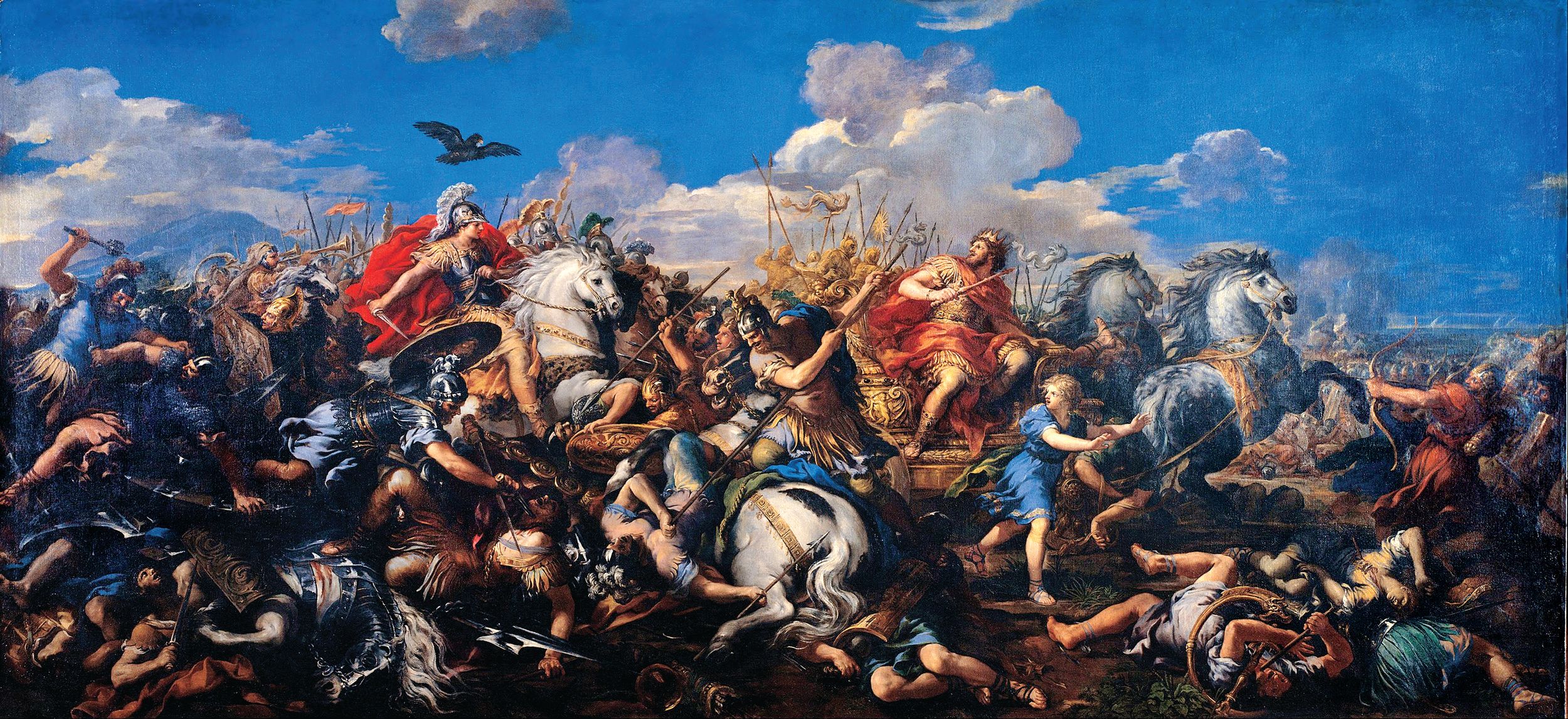 “Battle of Alexander versus Darius,” by Pietro da Cortona (1596-1669) depicts the Battle of Gaugamela, 331 BC where Darius was defeated again.