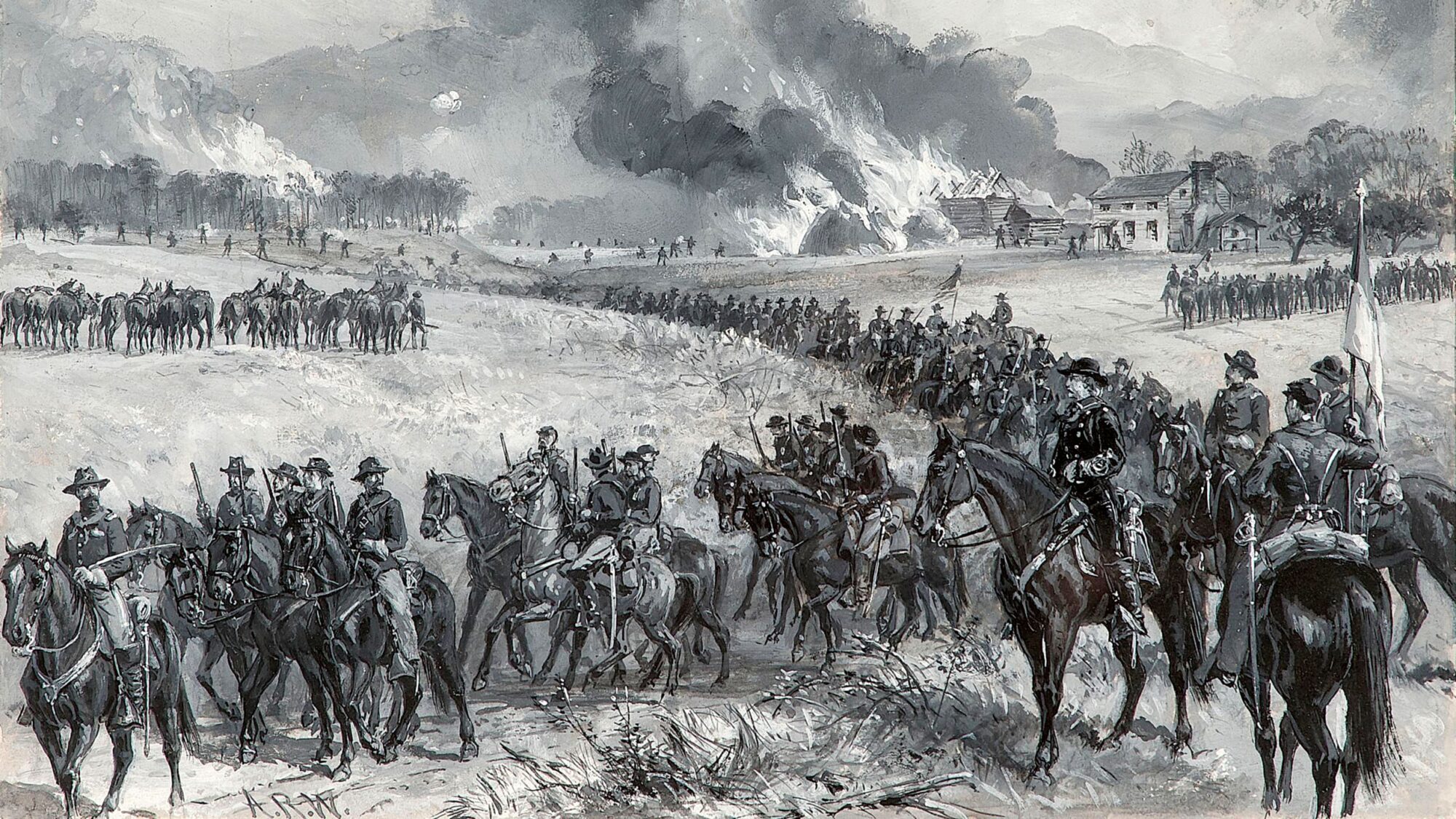 This illustration by Alfred R. Waud shows Custer (with staff at right) and his division burning farms and fields near Mt. Jackson, Virginia, on October 7. Sheridan would report to Grant that day that “I have destroyed over 2,000 barns filled with wheat, hay and farming implements; over 70 mills, filled with flour and wheat; have driven in front of the army over 4,000 head of stock, and have killed and issued to the troops not less than 3,000 sheep.”