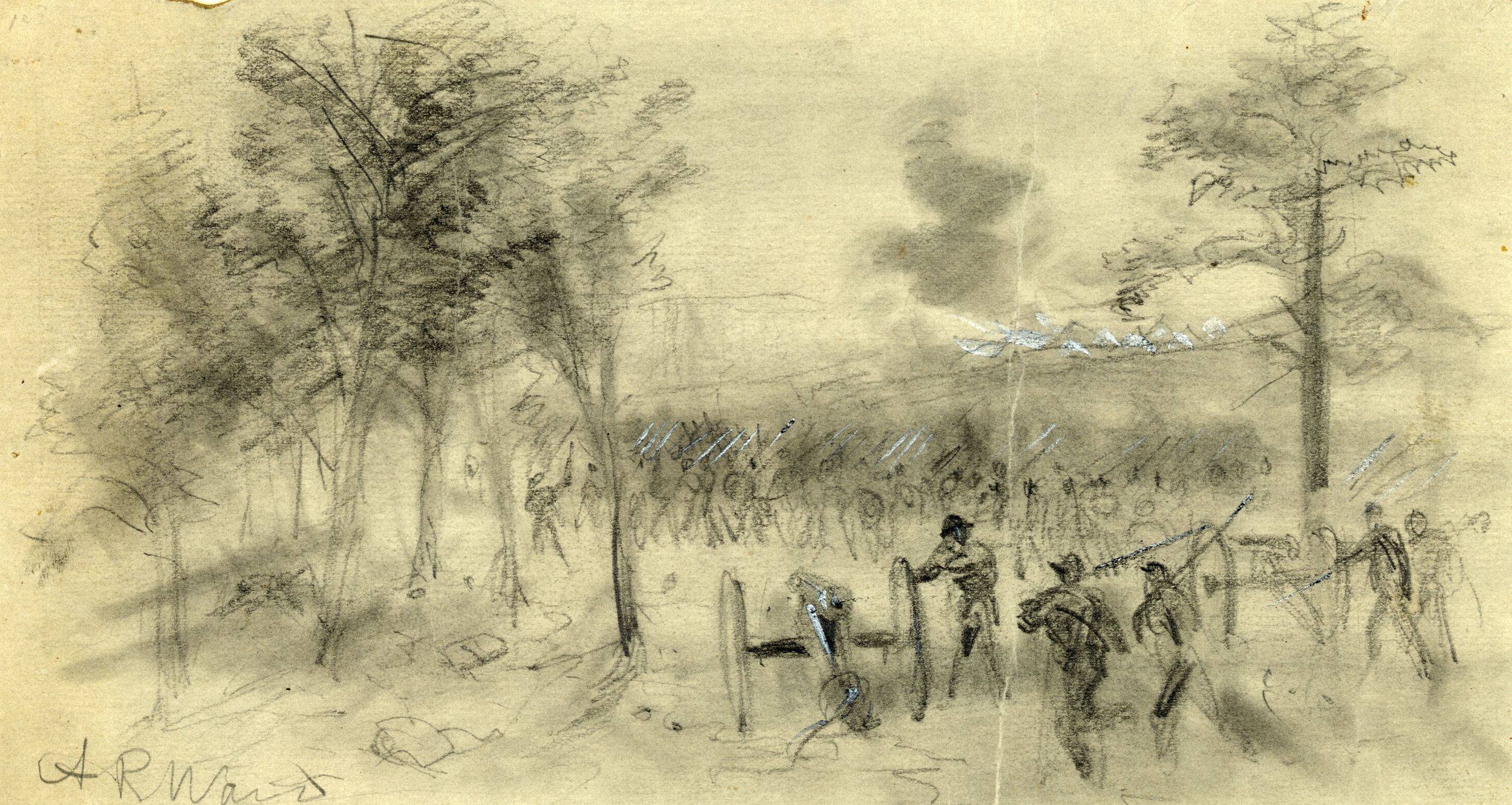 “Cedar Creek, Virginia,” drawing by Alfred Rudolph Waud, October 19, 1864. Waud immigrated to the U.S. from London, and found work as a newspaper artist. He was assigned to cover the Federal Army of the Potomac and was present at every battle that unit fought in, from the First Battle of Bull Run to the siege of Petersburg.