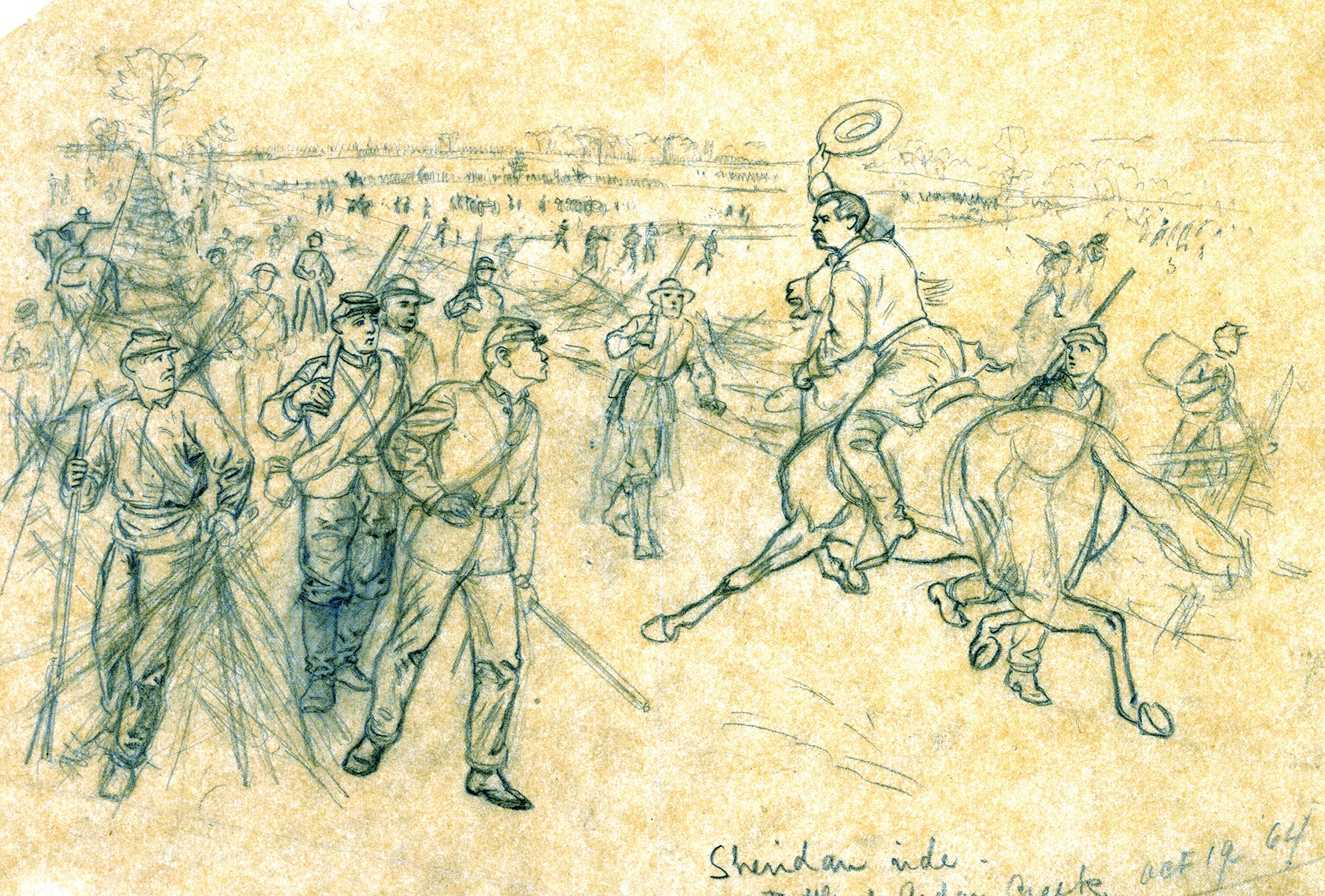 Hearing the sound of battle from his headquarters in Winchester, Sheridan rode toward Middleton, waving his hat at retreating soldiers. “Sheridan's Ride. Battle of Cedar Creek,” sketch by Alfred R. Waud, October 19, 1864.