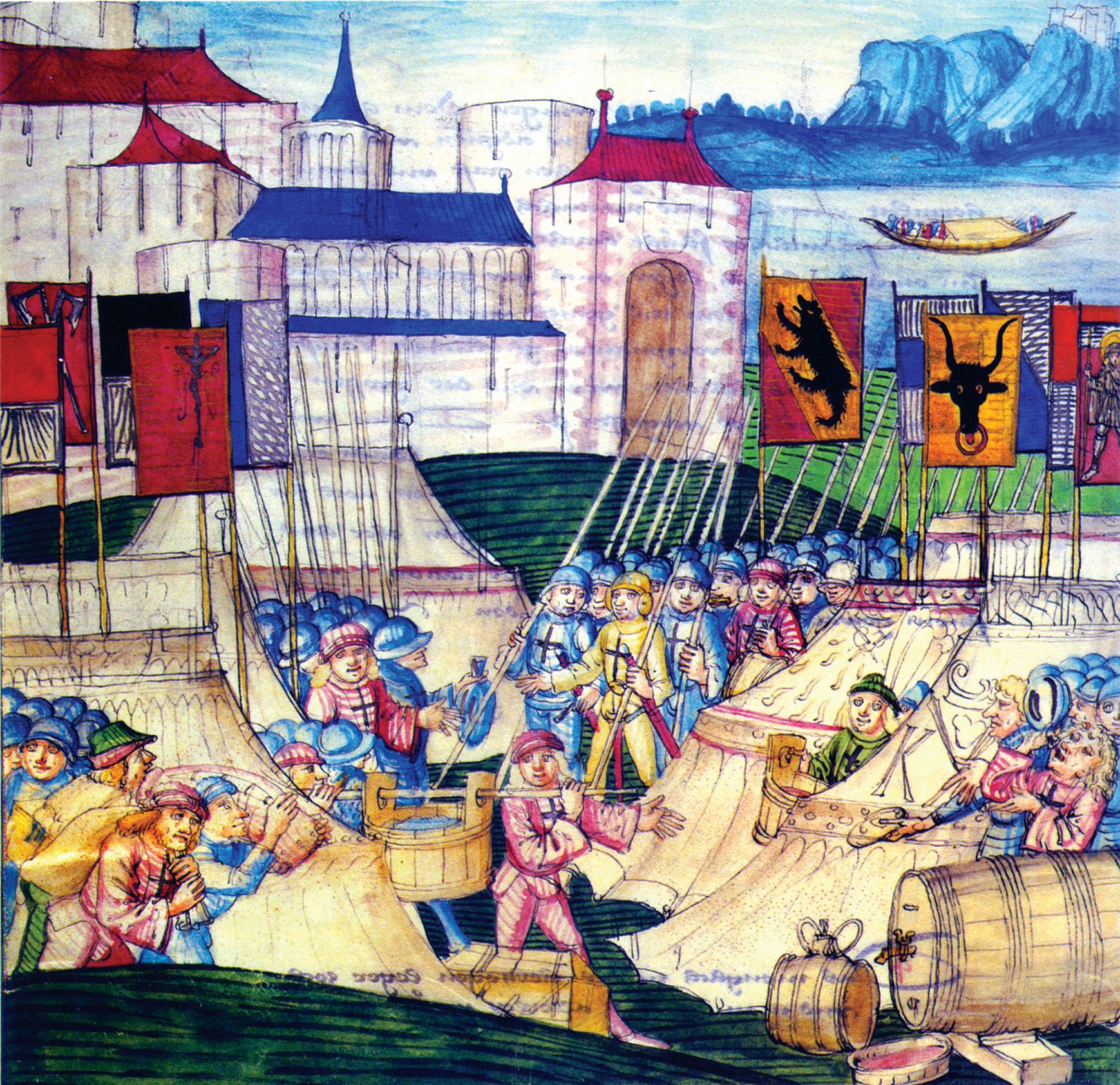 Swiss troops plunder the camp of Charles the Bold, Duke of Burgundy after the battle of Grandson. Banners of the different Swiss regions are visible in the background, as well as Lake Neuchâtel beyond. 