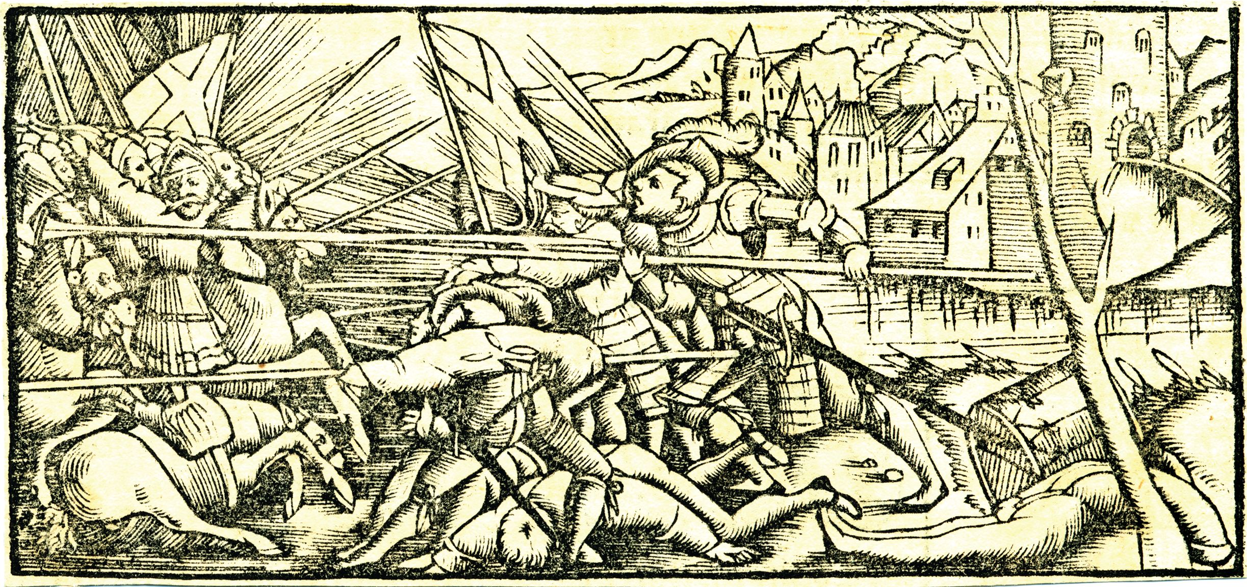 A period woodcut depicts Swiss pikemen stopping mounted cavalry during the Burgundian wars. 