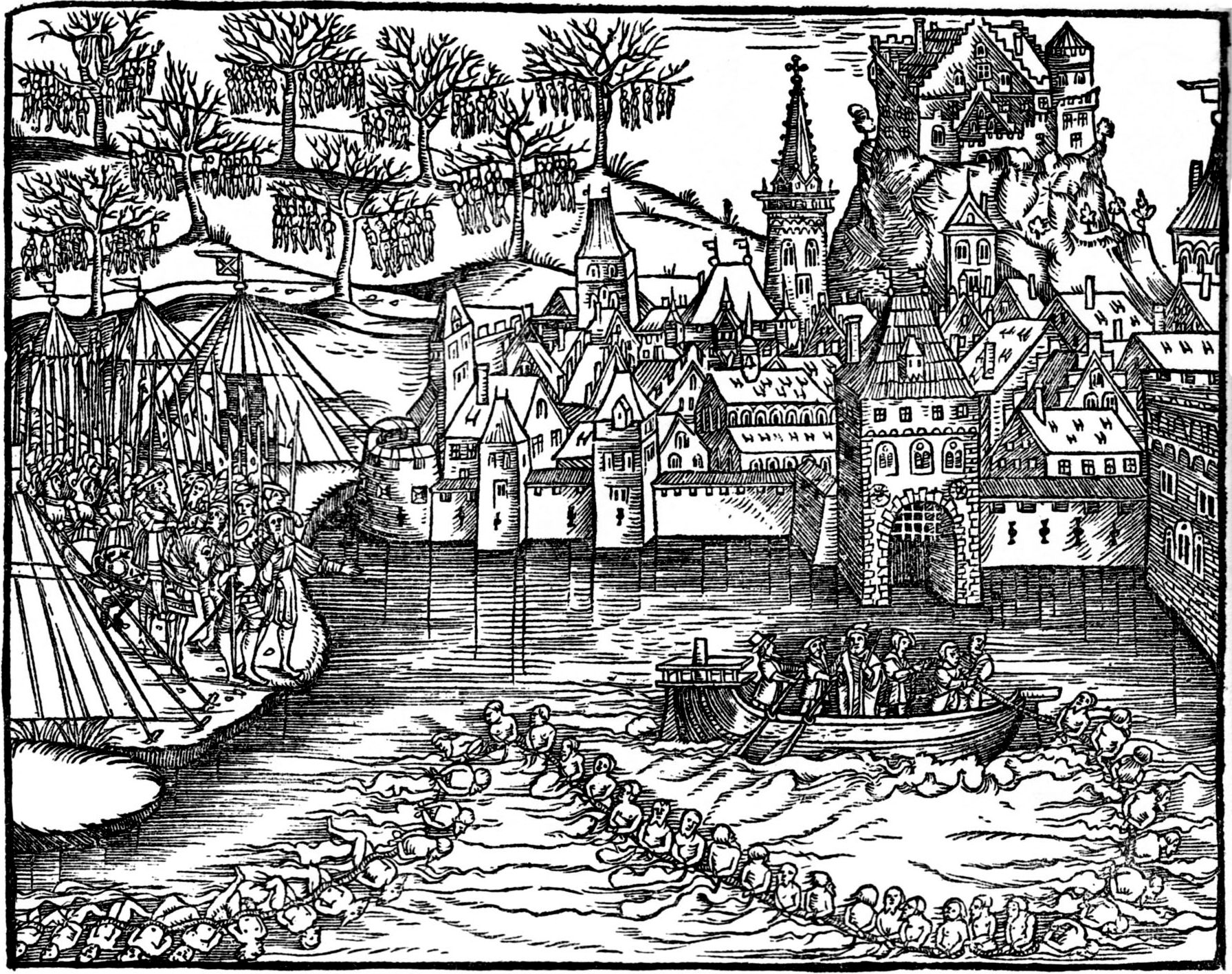 The town of Grandson, originally governed by an ally of Charles, had been brutally taken by the Swiss in 1475. Charles besieged the town in February 1476, and had the Swiss garrison executed after they surrendered by hanging, or drowning in nearby Lake Neuchâtel. 