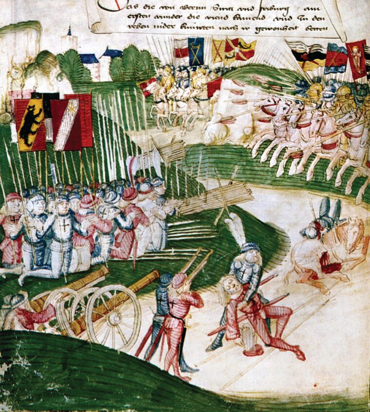 The Swiss Army on the left faces the Burgundian Army during the battle of Grandson. Illustration by Diebold Schilling the Elder who witnessed the battle.