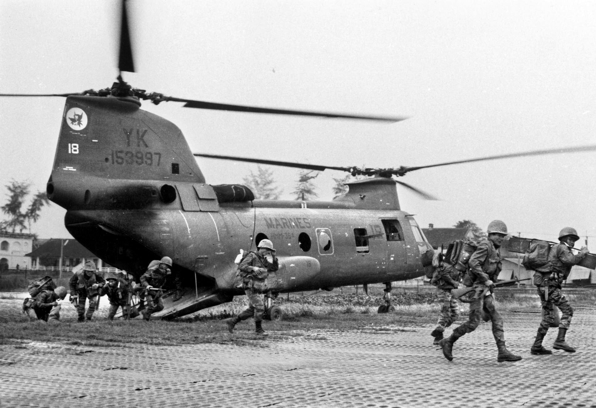 U.S. Marine Corps helicopter drops off Vietnamese Marine reinforcements, February 23, 1968. Introduced in Vietnam in 1965, the Boeing/Vertol CH-46 Sea Knight could carry 12-13 marines, compared to the Army’s Huey capacity of 5-6. The CH-46’s cruising speed of 155 mph was also 25 mph faster than the Huey.