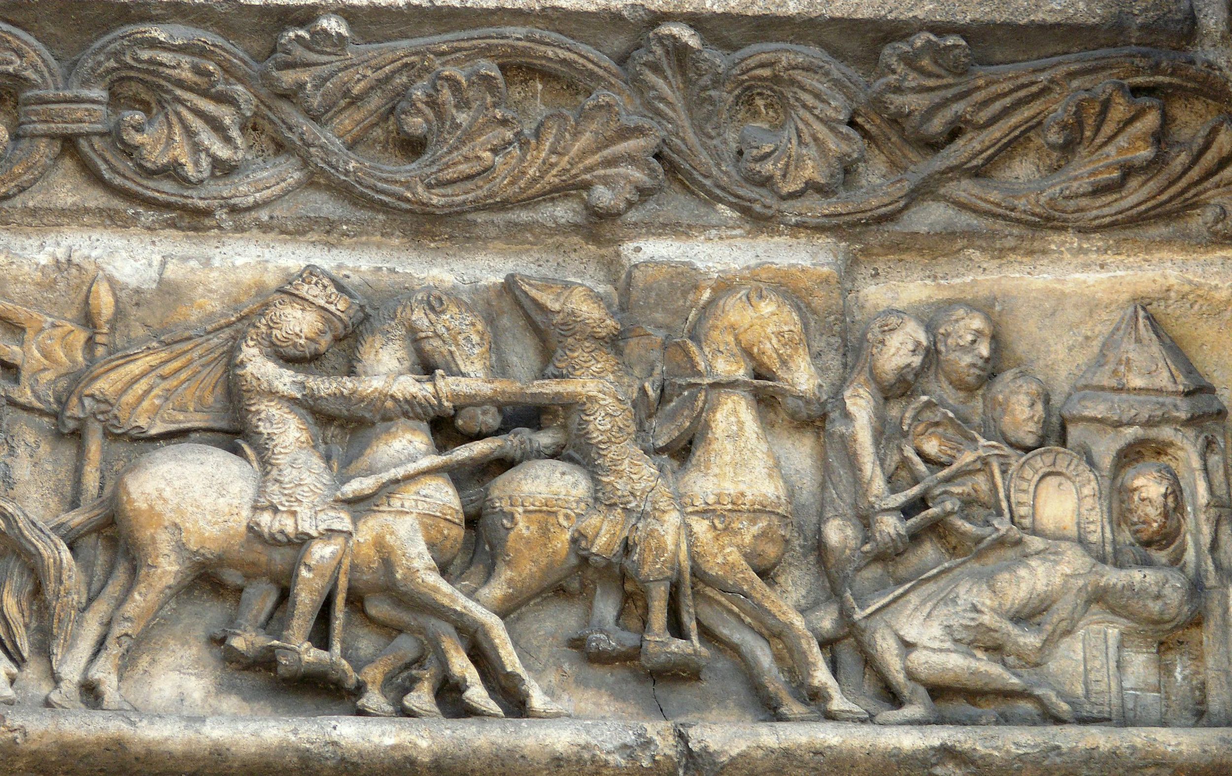 A carved frieze depicting a cavalry fight inspired by the Song of Roland, c. 1120, at the Saint-Pierre Cathedral, Angoulême, France. 