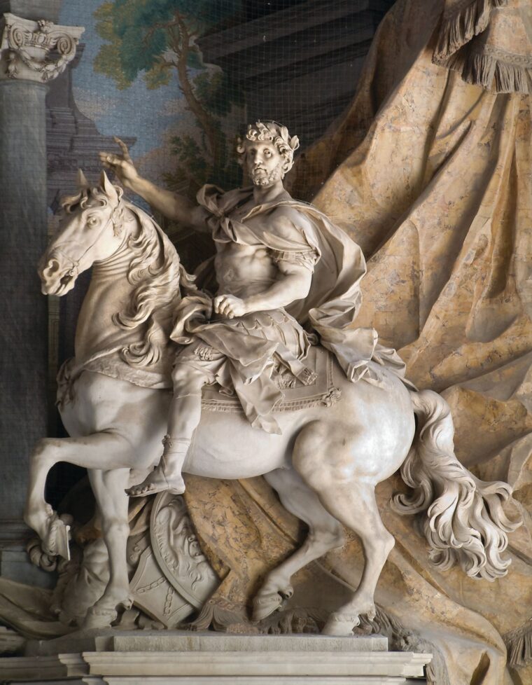 The equestrian statue of the Holy Roman Emperor Charlemagne, carved c. 1725 by the Italian artist Agostino Cornacchini, stands at the entrance of St. Peter's Basilica at the Vatican in Rome.