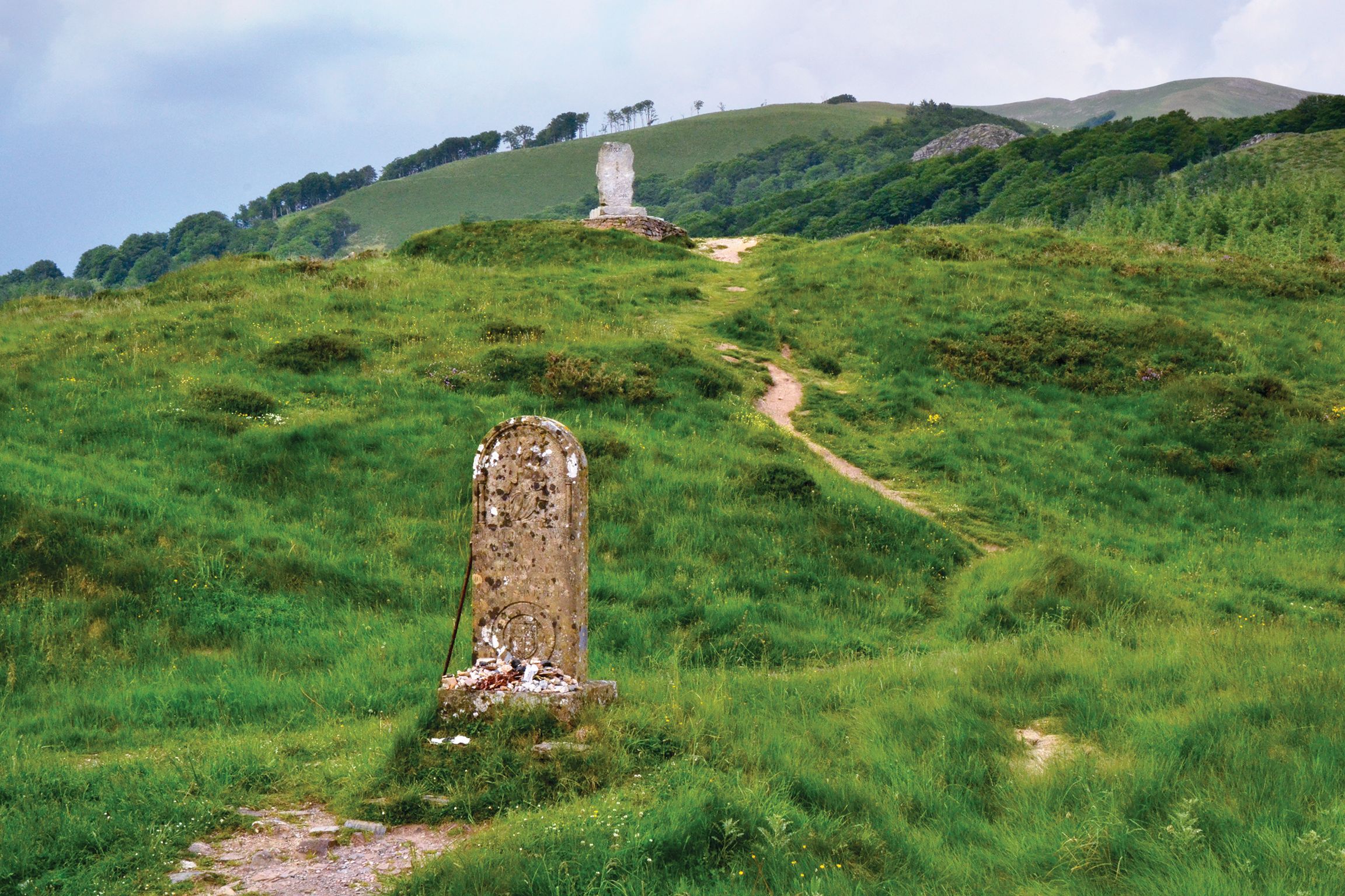 A marker commemorating Roland at the Battle of Roncevaux was erected at Roncesvalles Pass, or Roncevaux Pass, in 1967. At 3,468 feet, the pass is on the Spanish side of the border and has historically been an important route between France and Spain through the Pyrenees. 
