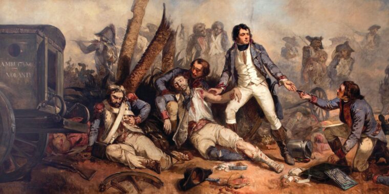 French surgeon Dominique Jean, Baron Larrey distinguished himself in the French Revolutionary and Napoleonic wars. This 1850 wax painting by Charles Louis Müller in the National Academy of Medicine shows “Larrey Operating on the Battlefield.”