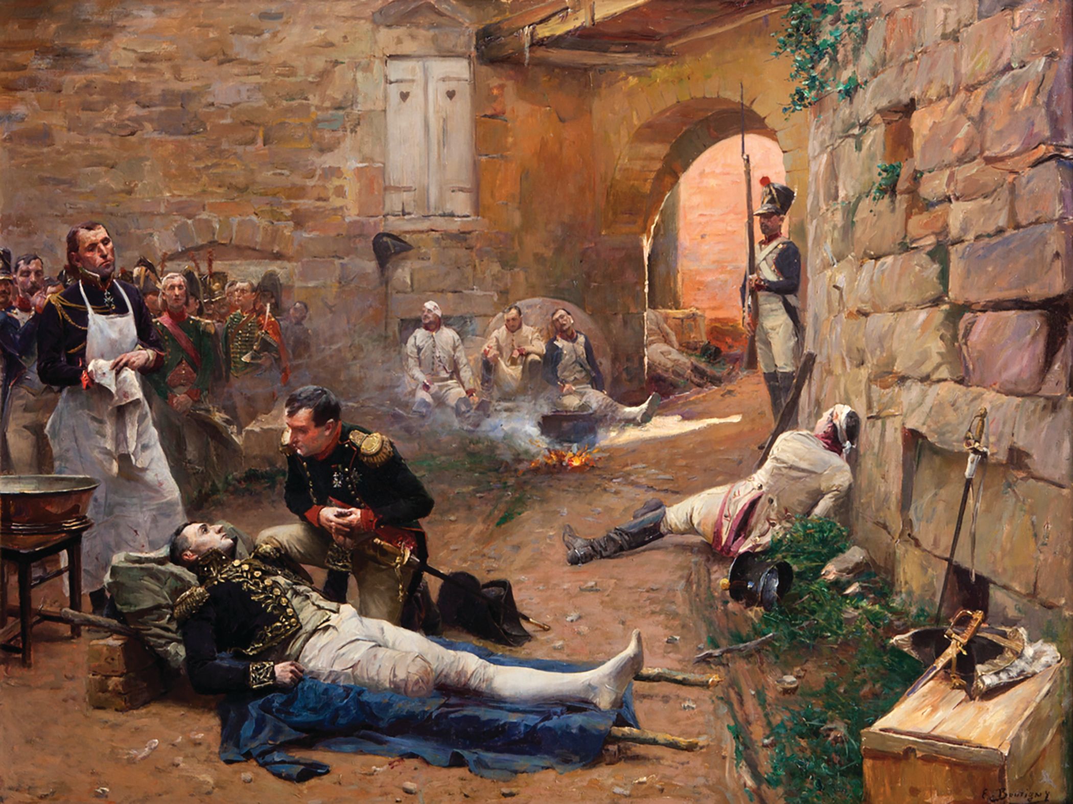 Napoleon visits his friend, Marshal Jean Lannes, who was mortally wounded at the Battle of Aspern-Essling (May 21-22,1809) as Surgeon Larrey looks on in this 1894 painting by Paul-Émile Boutigny.