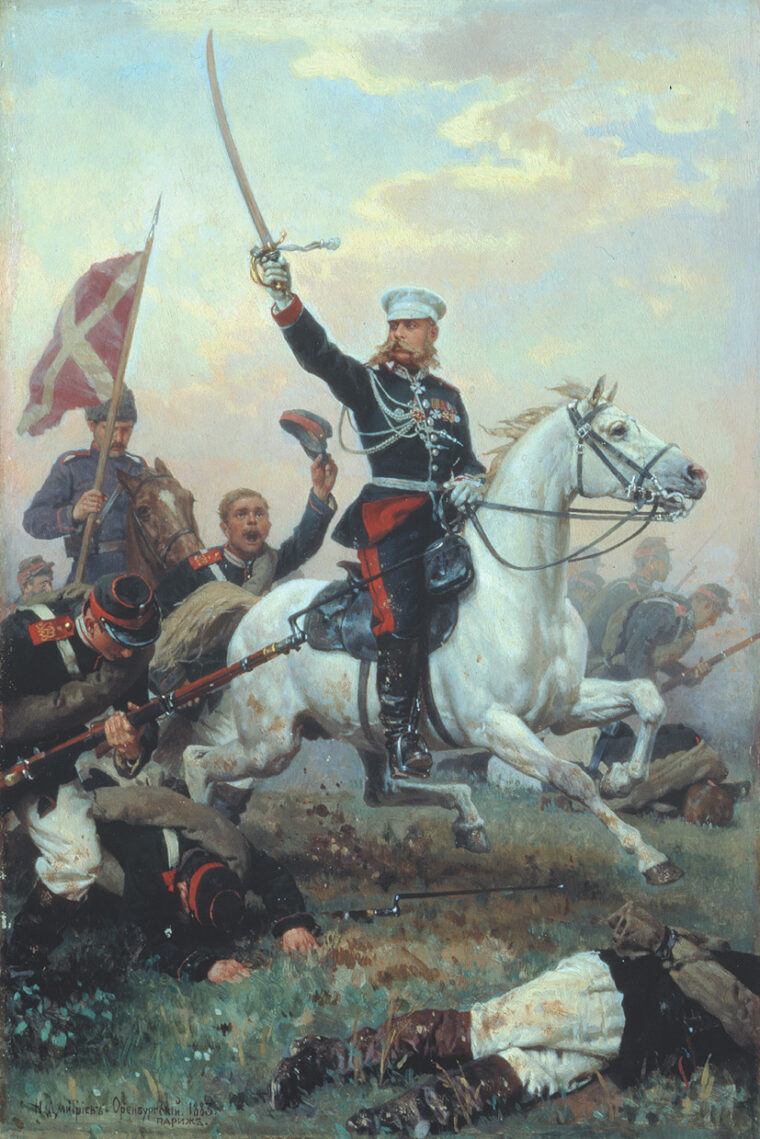 Colorful Russian General Mikhail Skobelev put himself in the thick of the action on a white horse. 