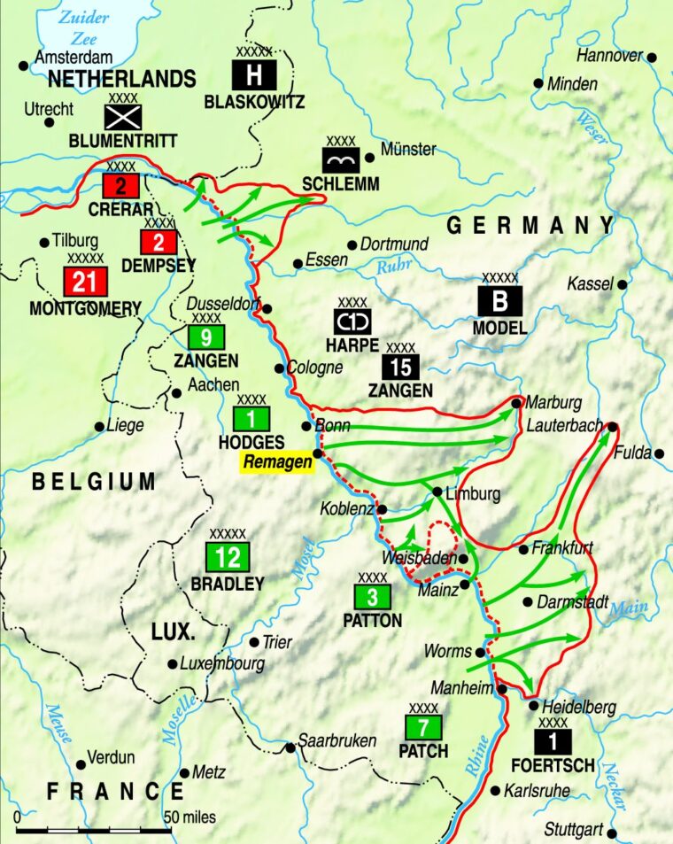 Utilizing the broad-front strategy, the Allied 12th and 21st Army Groups approached the Rhine in the early spring of 1945. Ninth Armored crossed the Rhine at Remagen on March 7, while elements of Patton’s Third Army crossed the night of March 22/23, and elements of Montgomery’s 21st Army Group the following day. 
