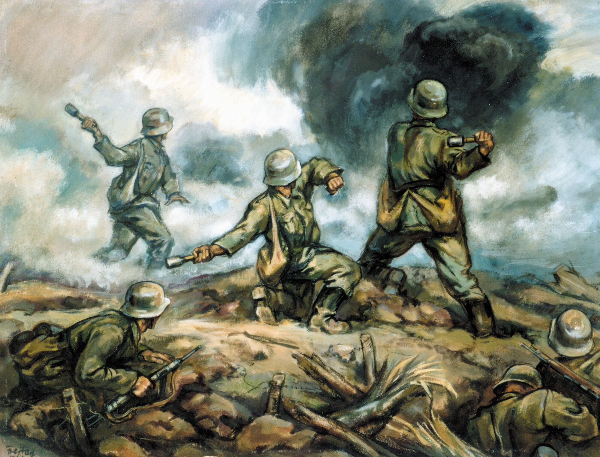 Defending their position on a battle-scarred Russian steppe, German infantrymen hurl potatomasher grenades through a pall of smoke toward the attacking Red Army.