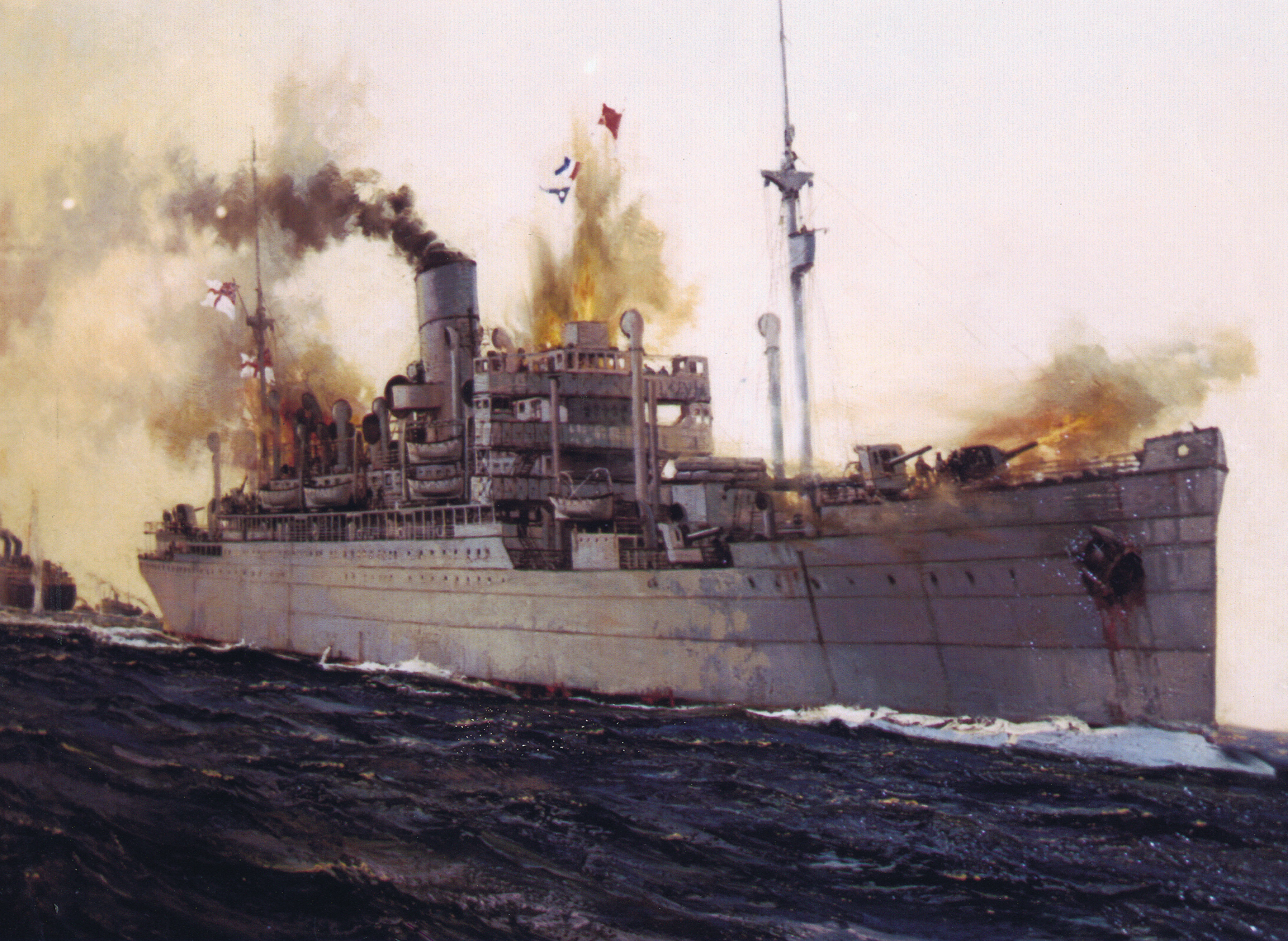The Jervis Bay steams through the water in this painting of its engagement with the Admiral Scheer. Though she put up a fight, she would eventually succumb to the firepower of the Scheer.